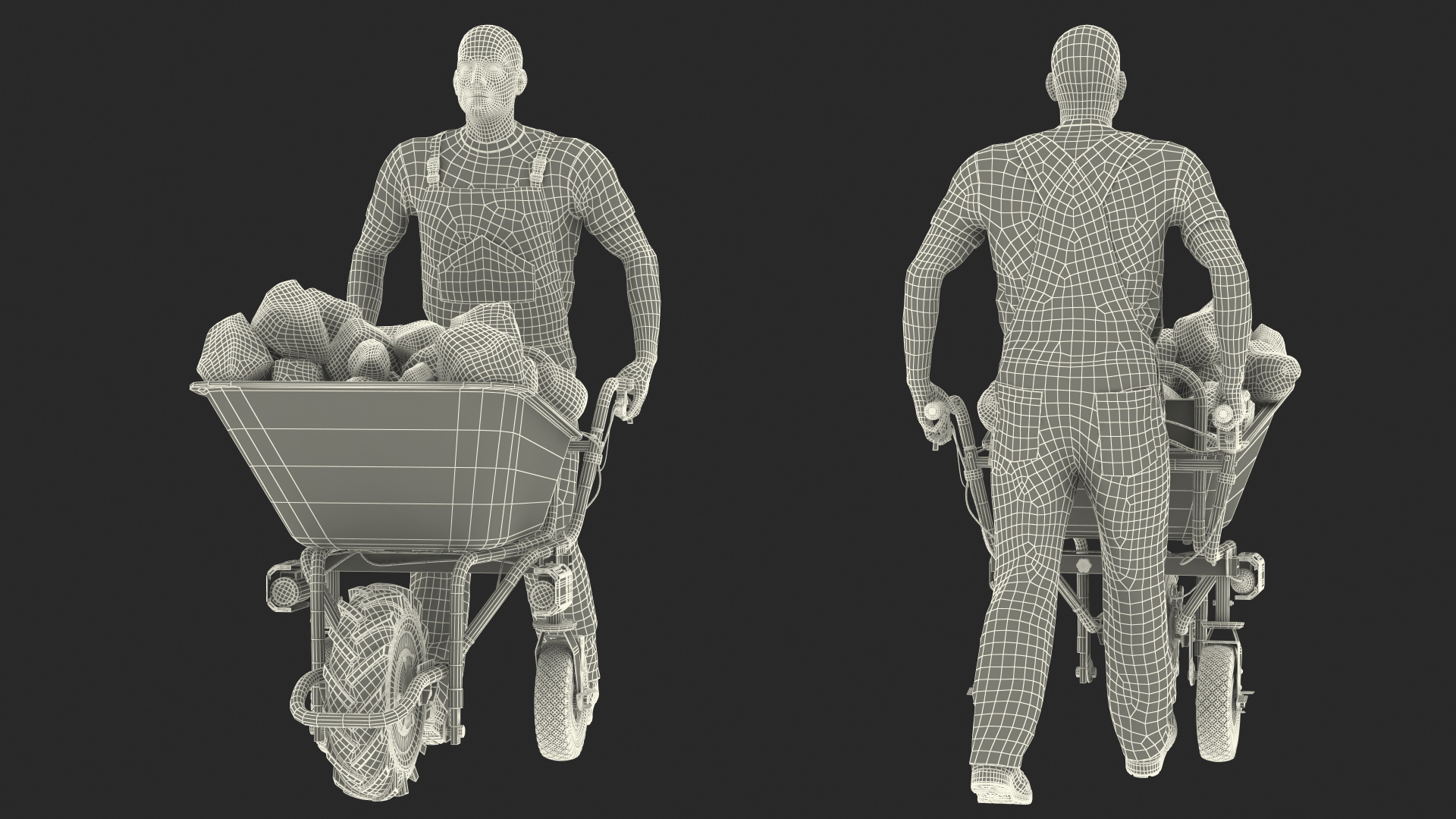 3D Worker with Electric Wheelbarrow with Stones Rigged