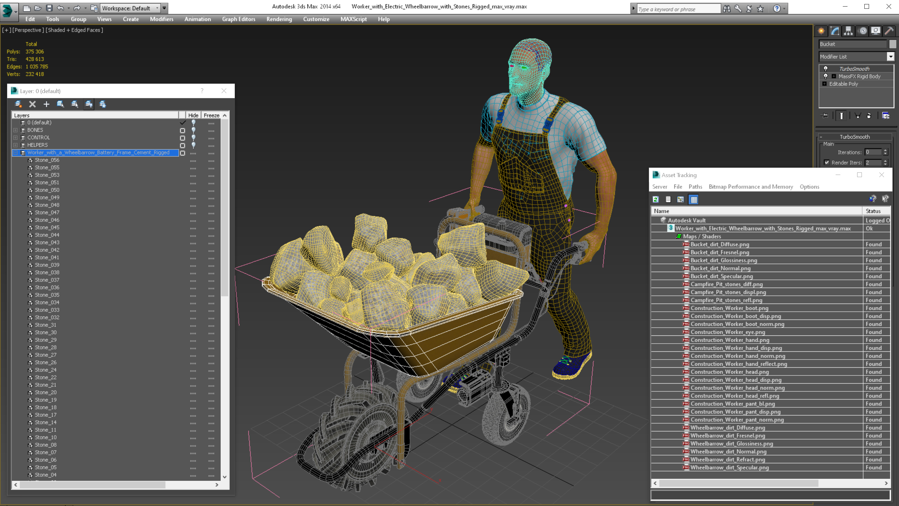 3D Worker with Electric Wheelbarrow with Stones Rigged