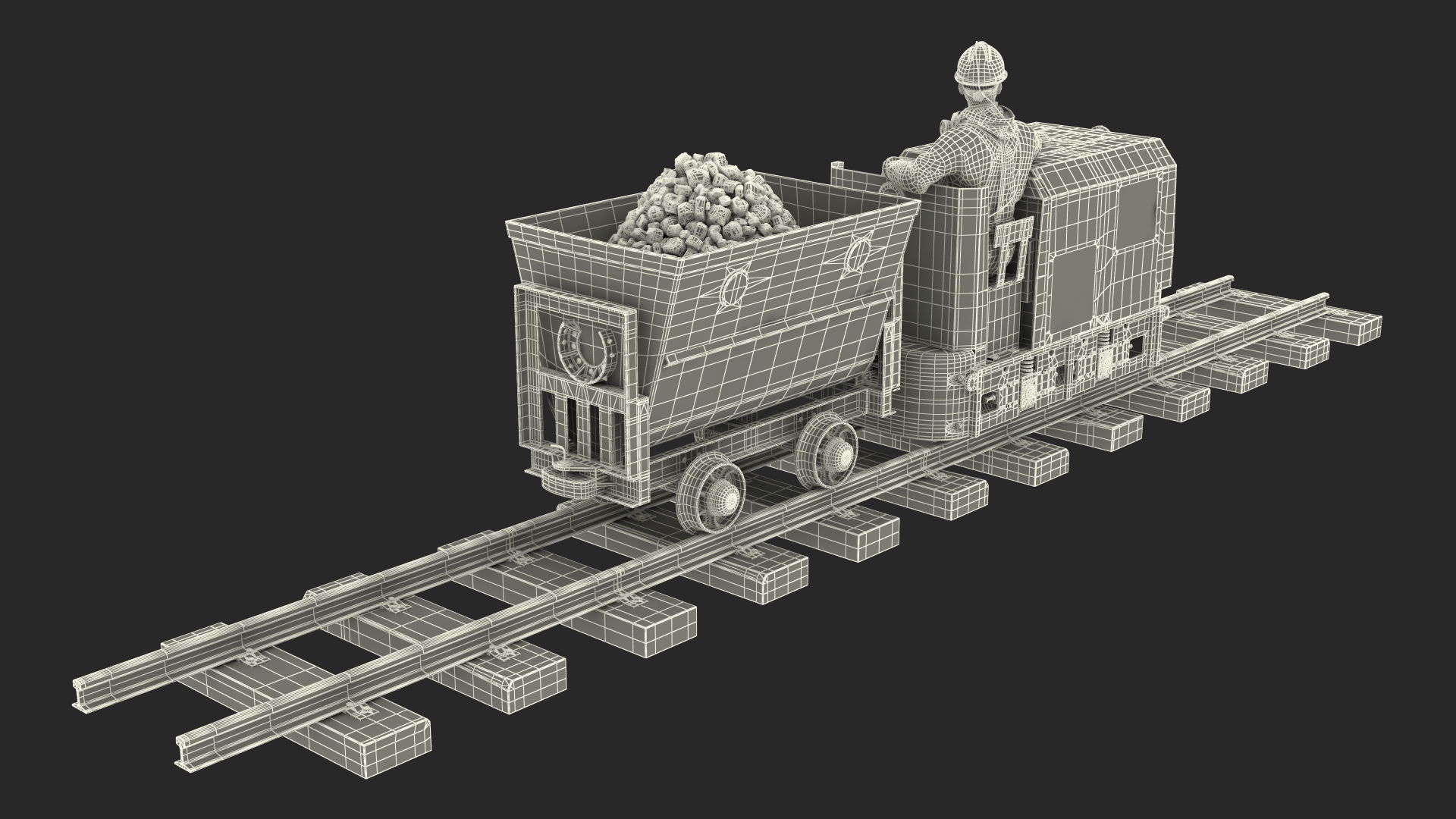 3D Old Mining Locomotive with Cart and Miner