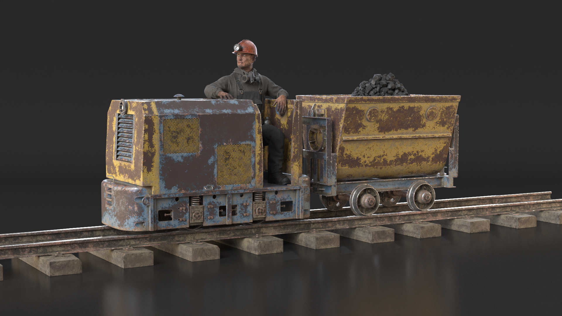 3D Old Mining Locomotive with Cart and Miner