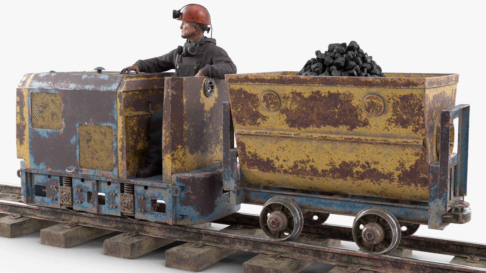 3D Old Mining Locomotive with Cart and Miner