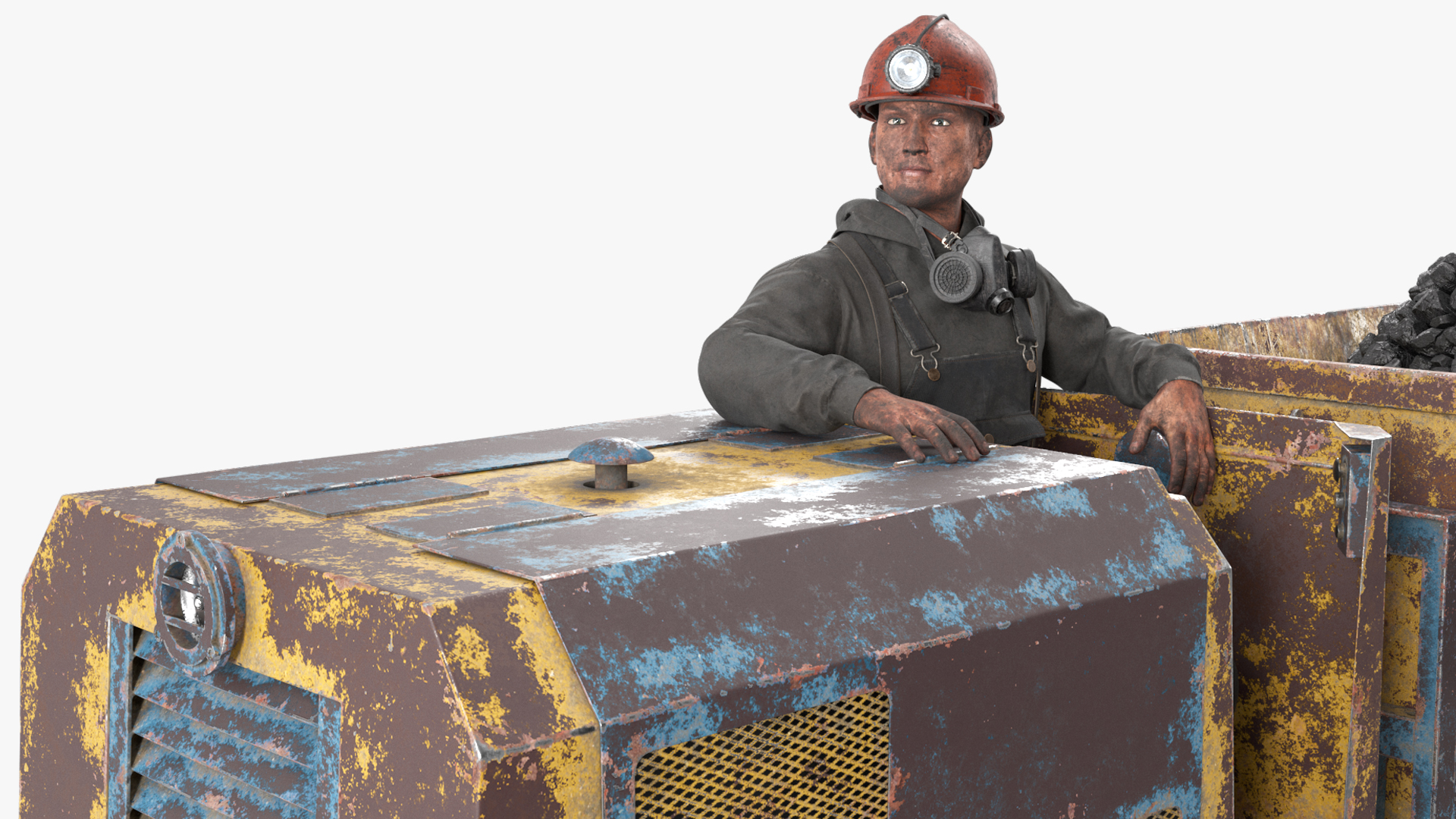 3D Old Mining Locomotive with Cart and Miner