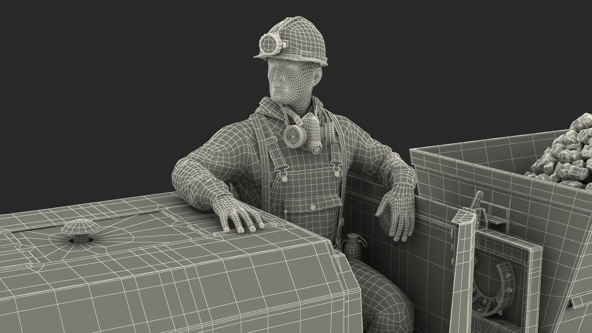 3D Old Mining Locomotive with Cart and Miner