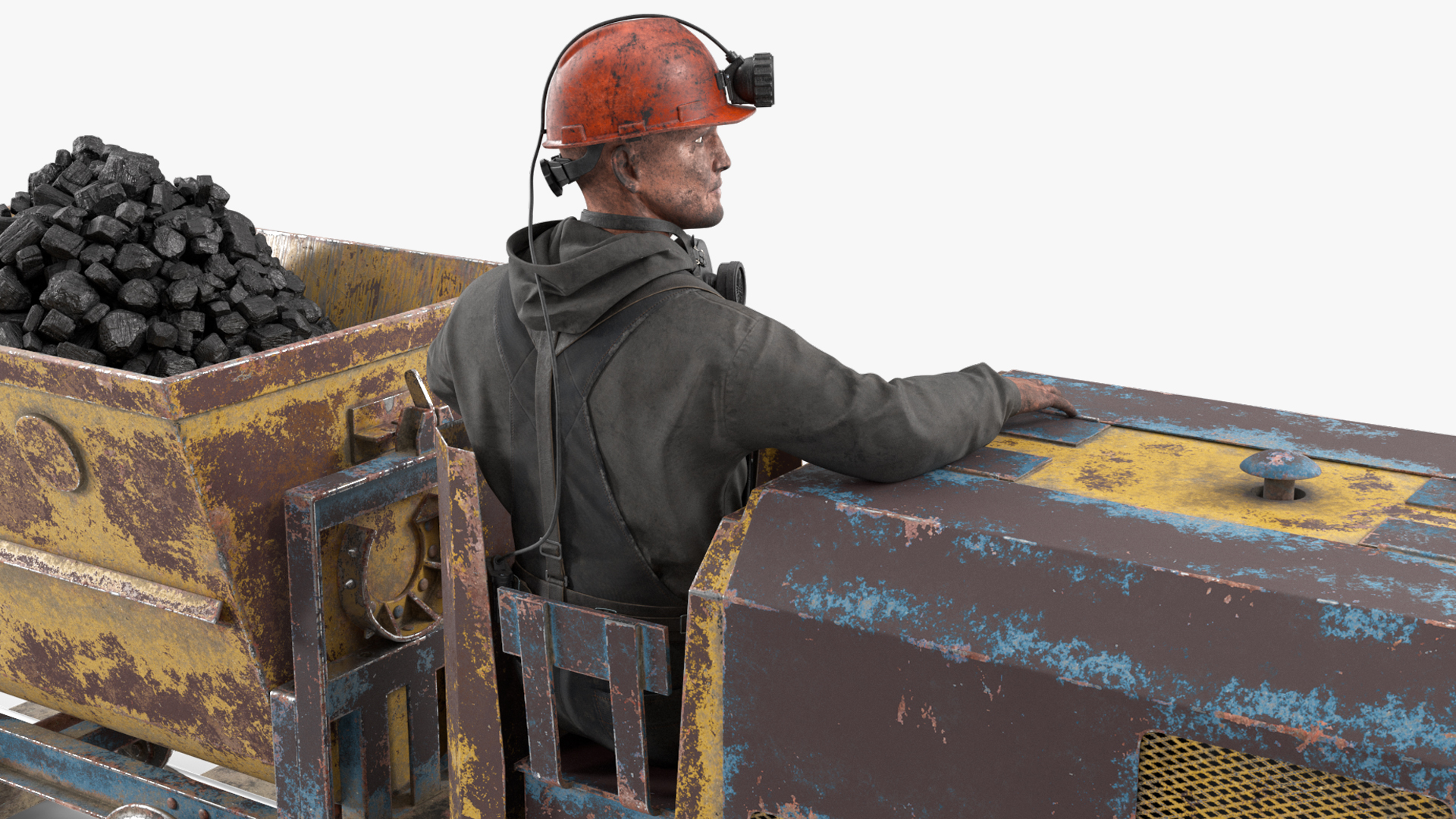 3D Old Mining Locomotive with Cart and Miner