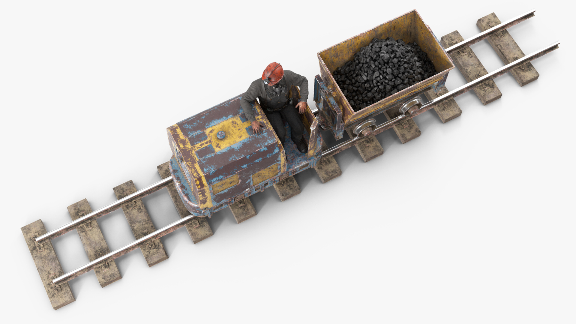 3D Old Mining Locomotive with Cart and Miner