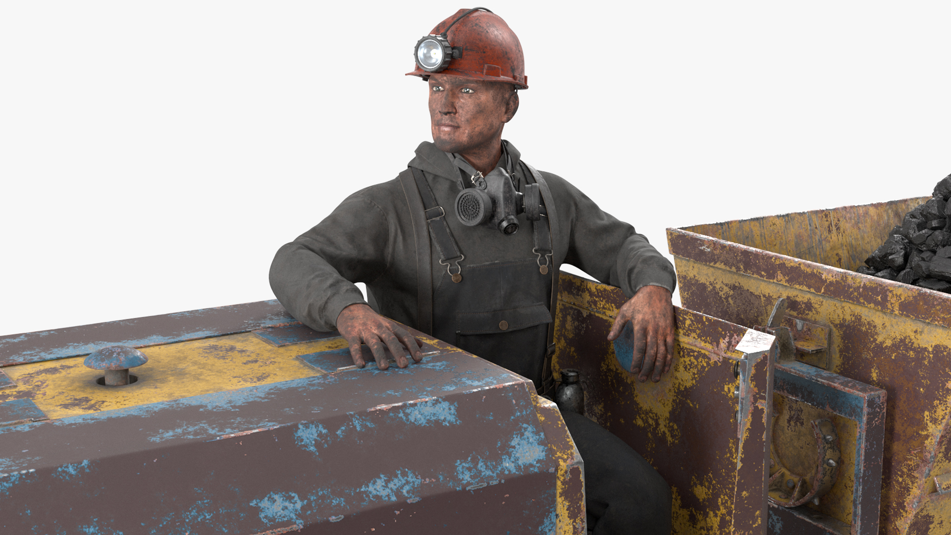 3D Old Mining Locomotive with Cart and Miner