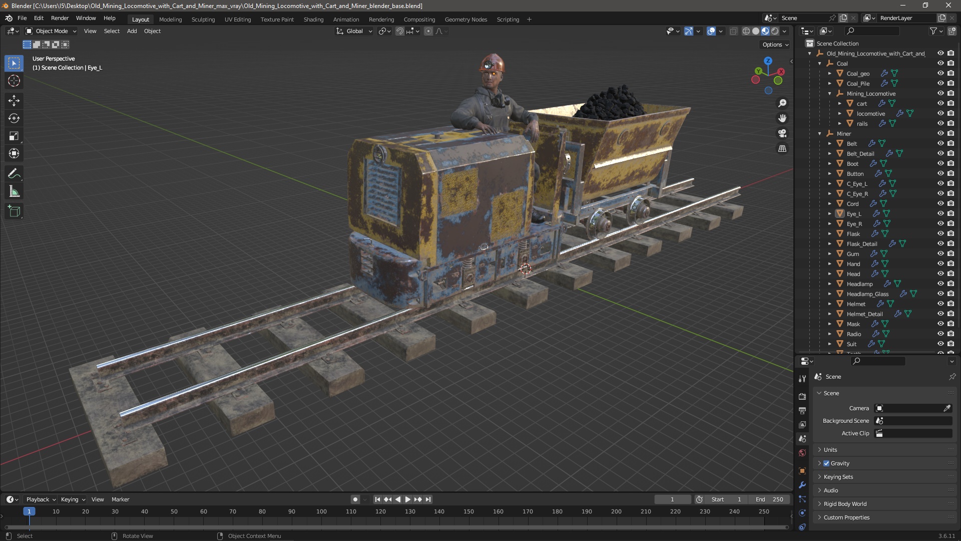 3D Old Mining Locomotive with Cart and Miner