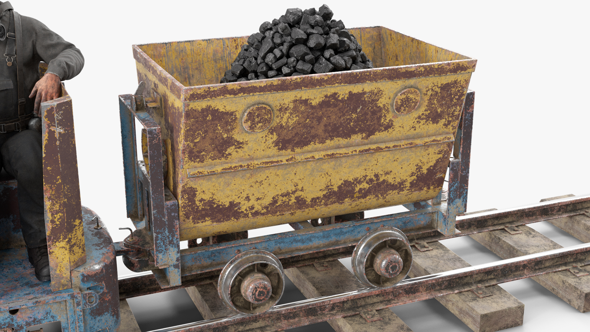 3D Old Mining Locomotive with Cart and Miner