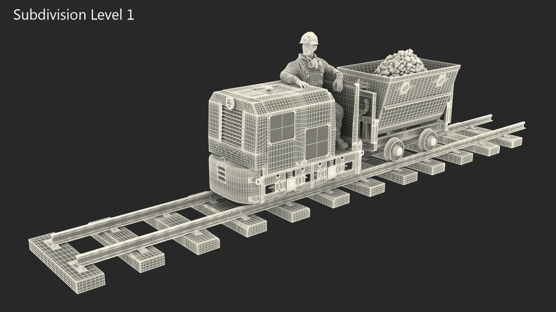 3D Old Mining Locomotive with Cart and Miner