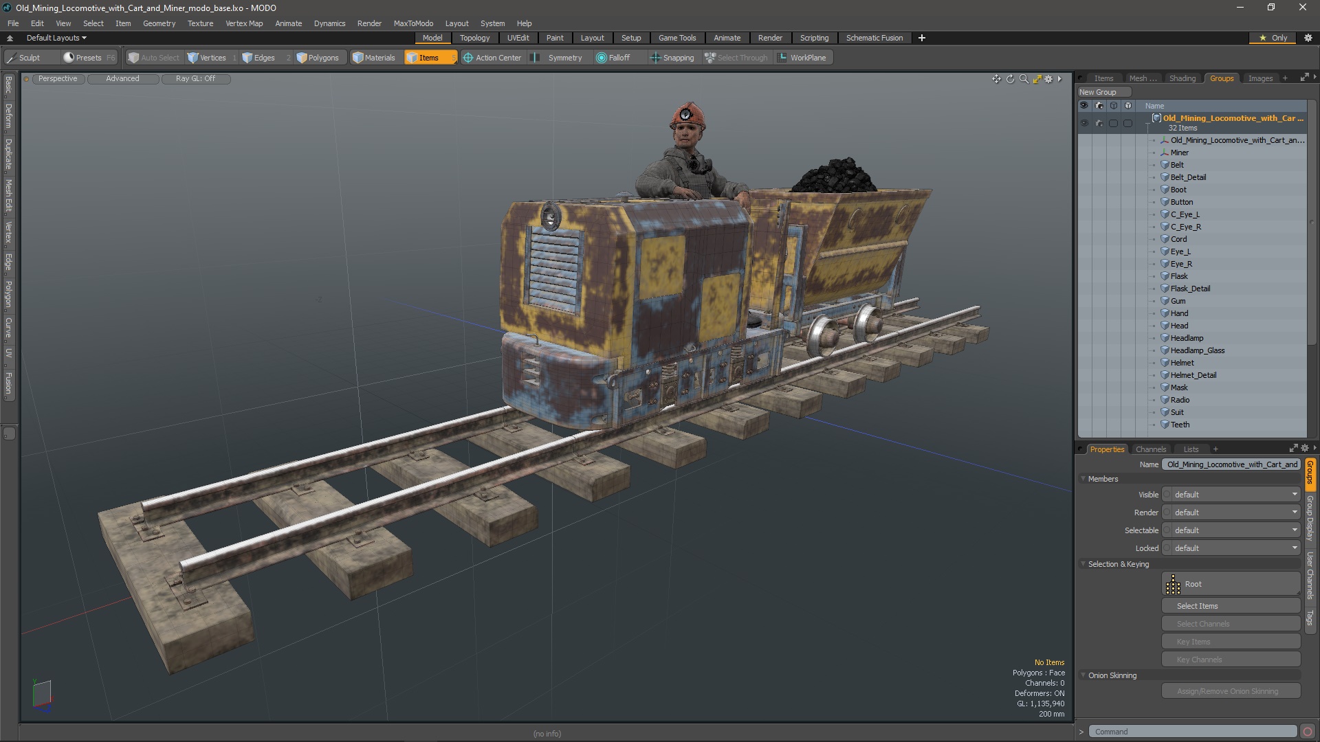 3D Old Mining Locomotive with Cart and Miner