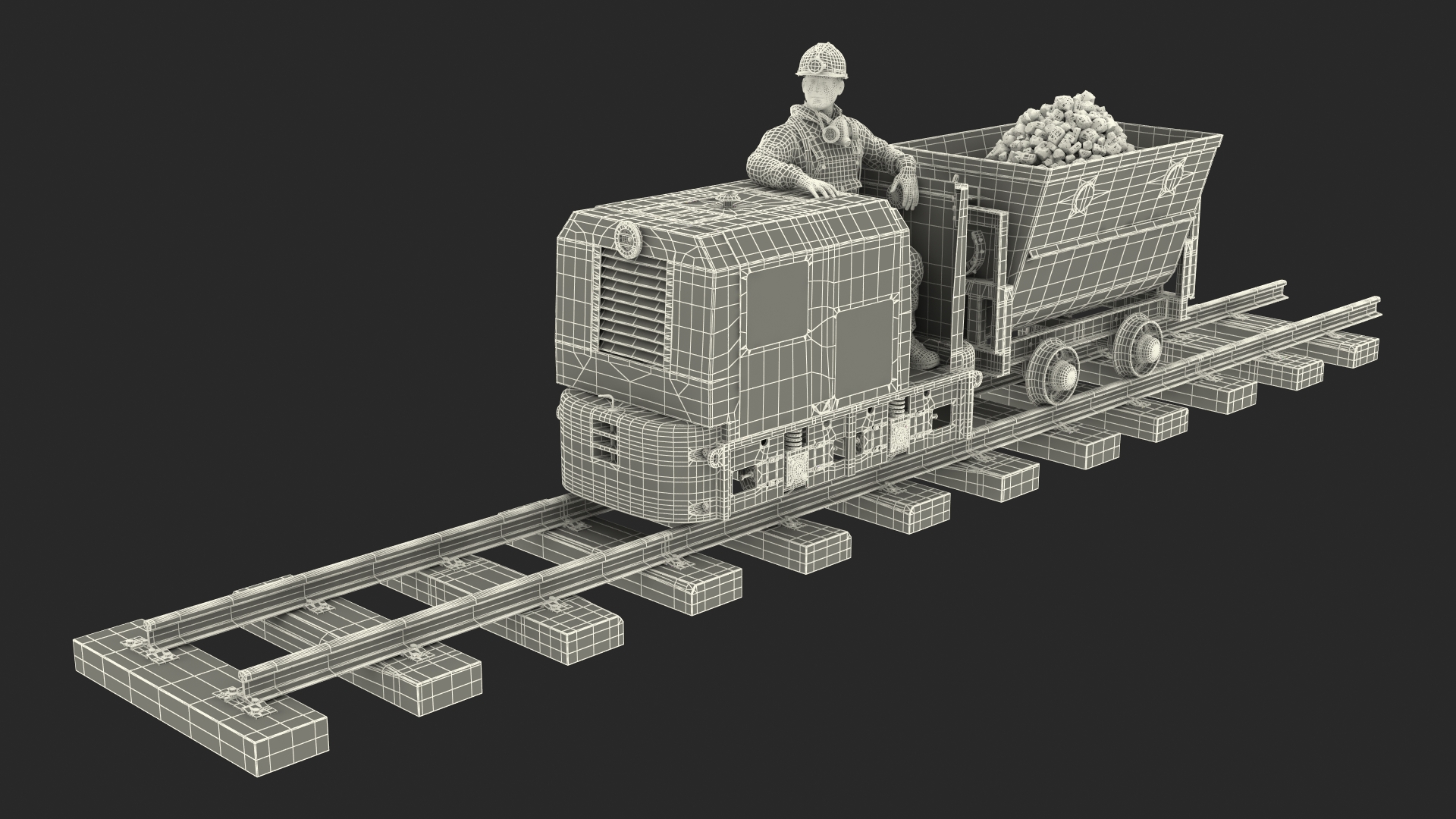 3D Old Mining Locomotive with Cart and Miner