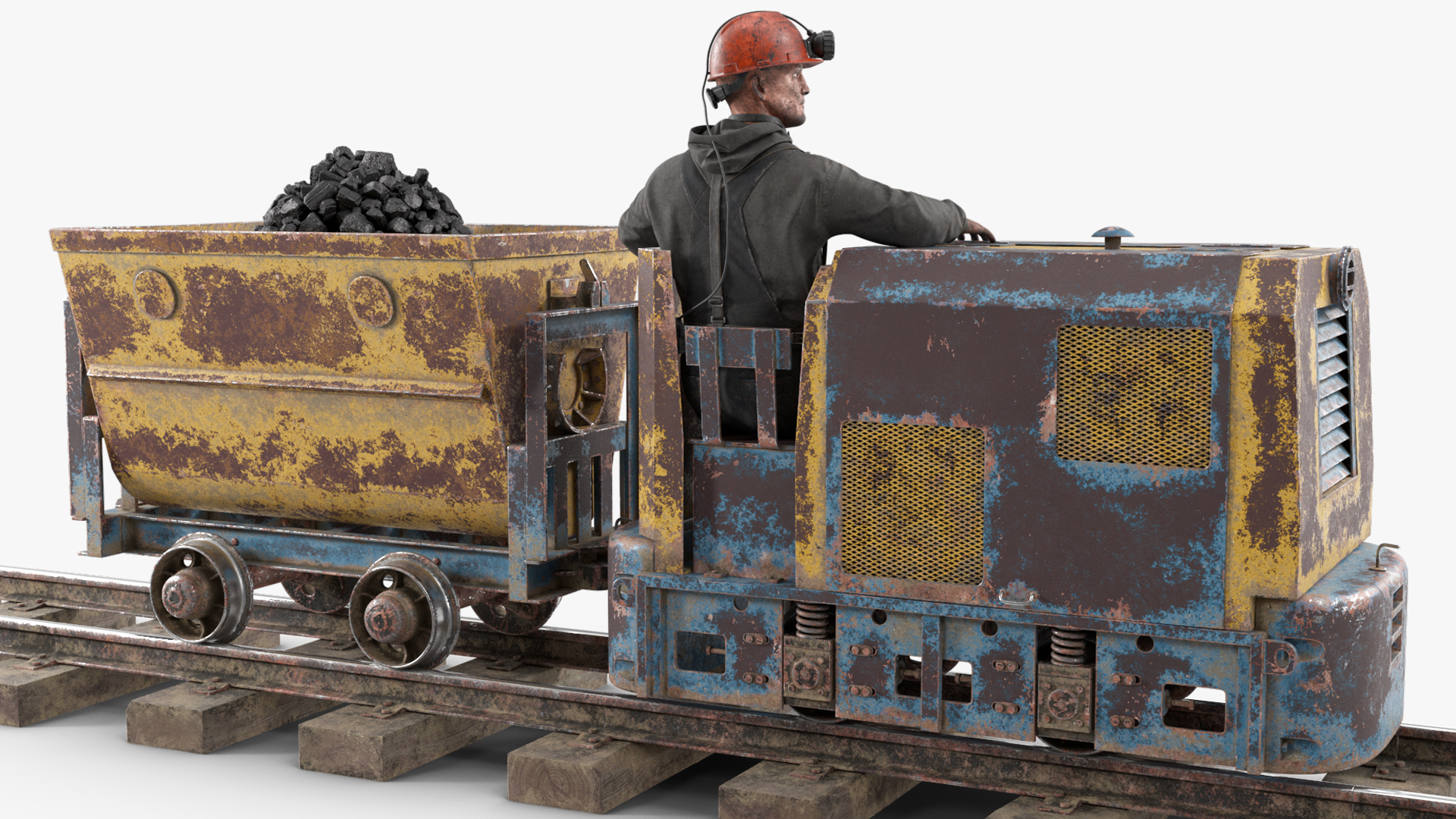3D Old Mining Locomotive with Cart and Miner