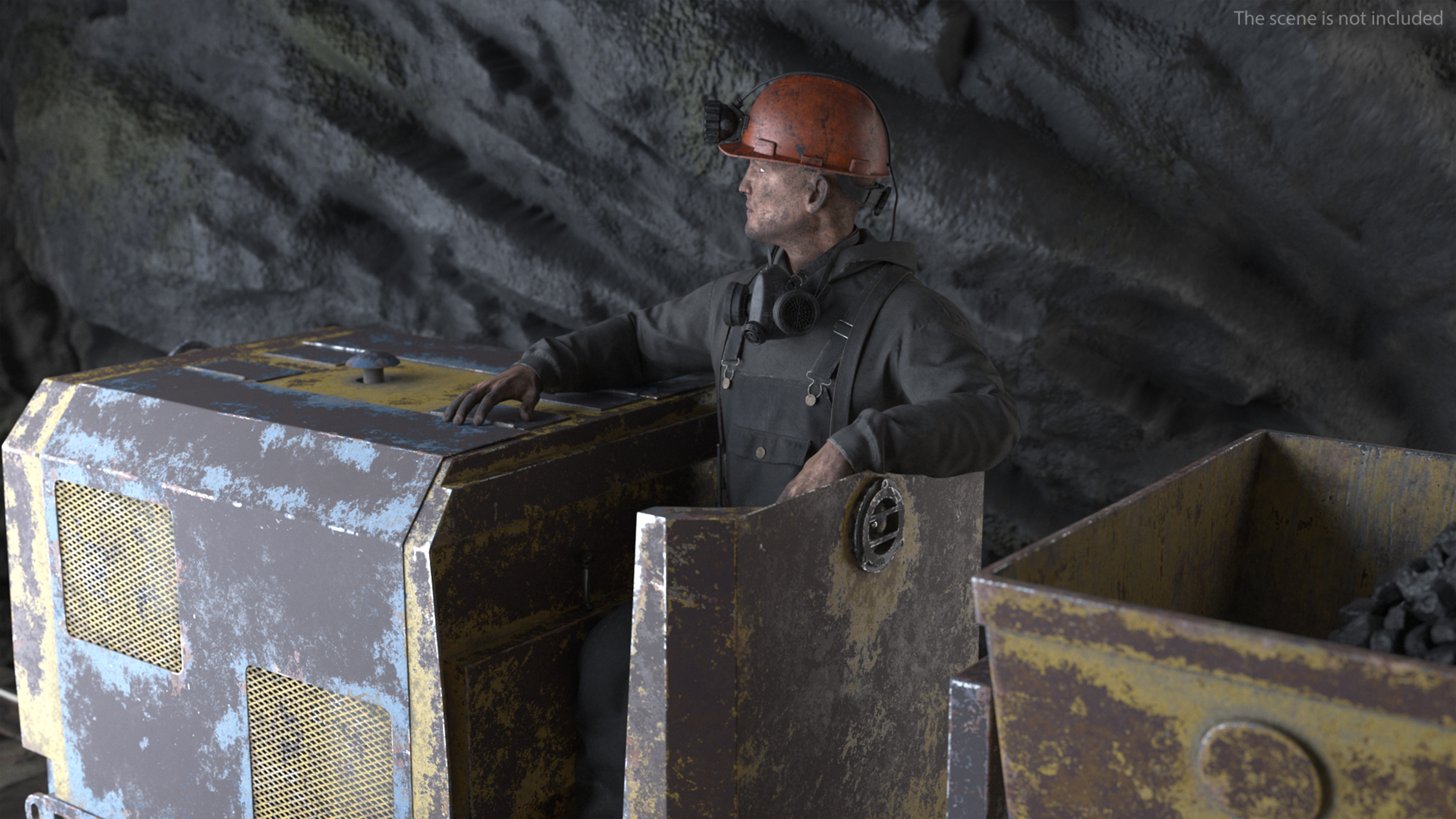 3D Old Mining Locomotive with Cart and Miner