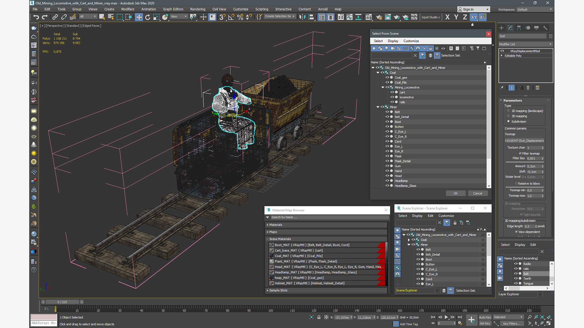 3D Old Mining Locomotive with Cart and Miner