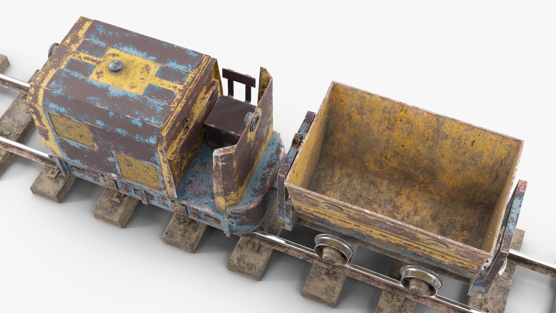 3D Old Mining Locomotive with Cart and Miner