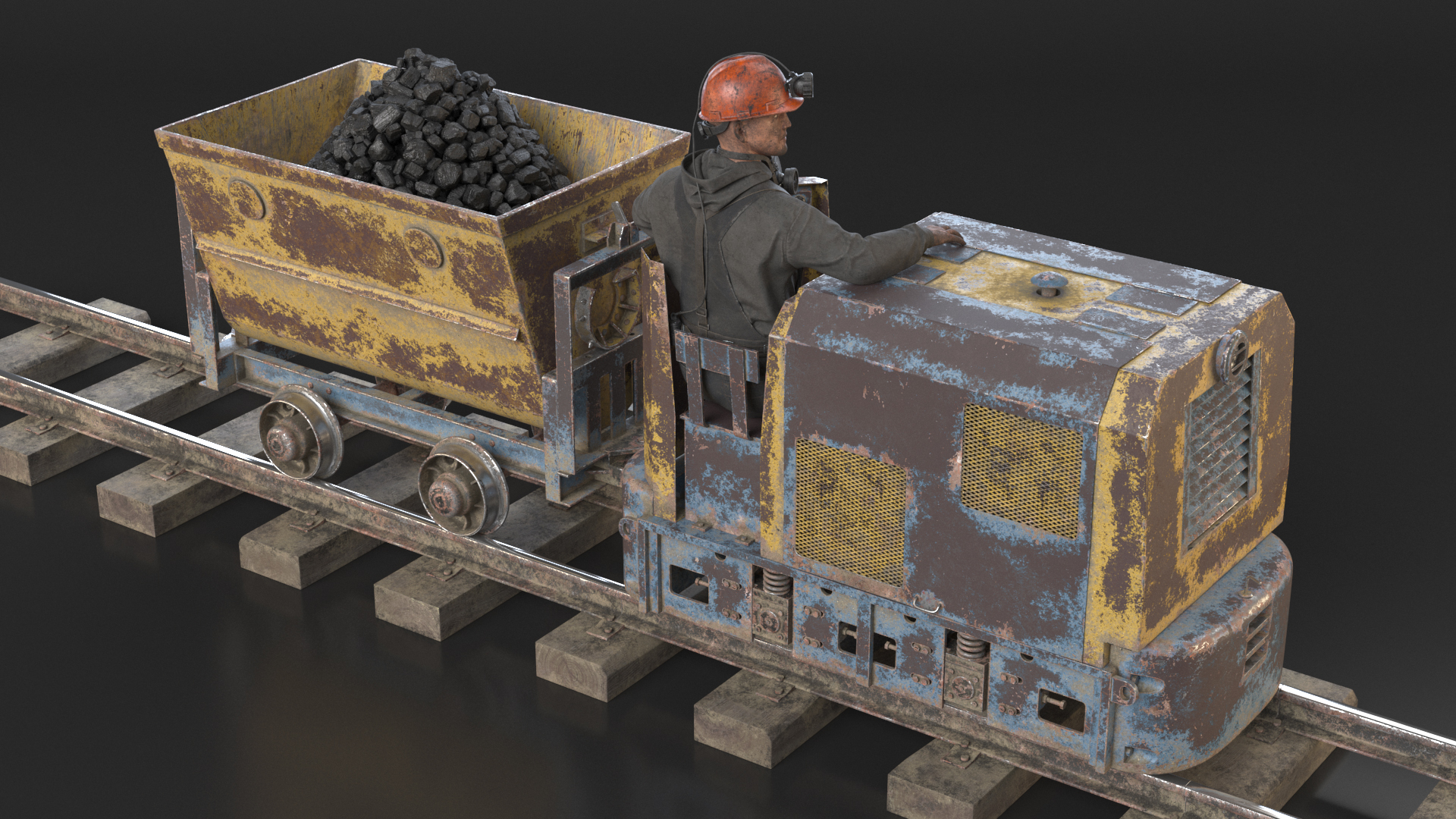 3D Old Mining Locomotive with Cart and Miner