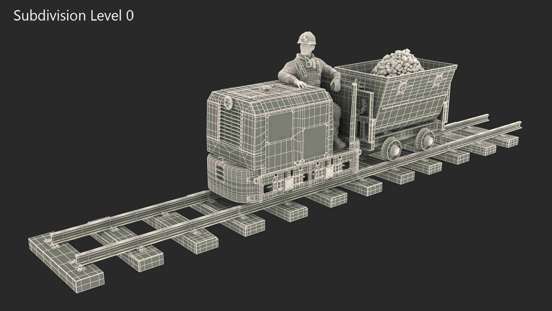 3D Old Mining Locomotive with Cart and Miner