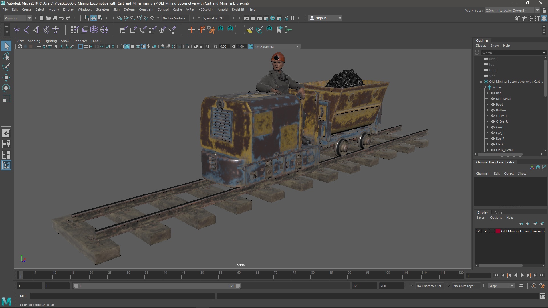 3D Old Mining Locomotive with Cart and Miner