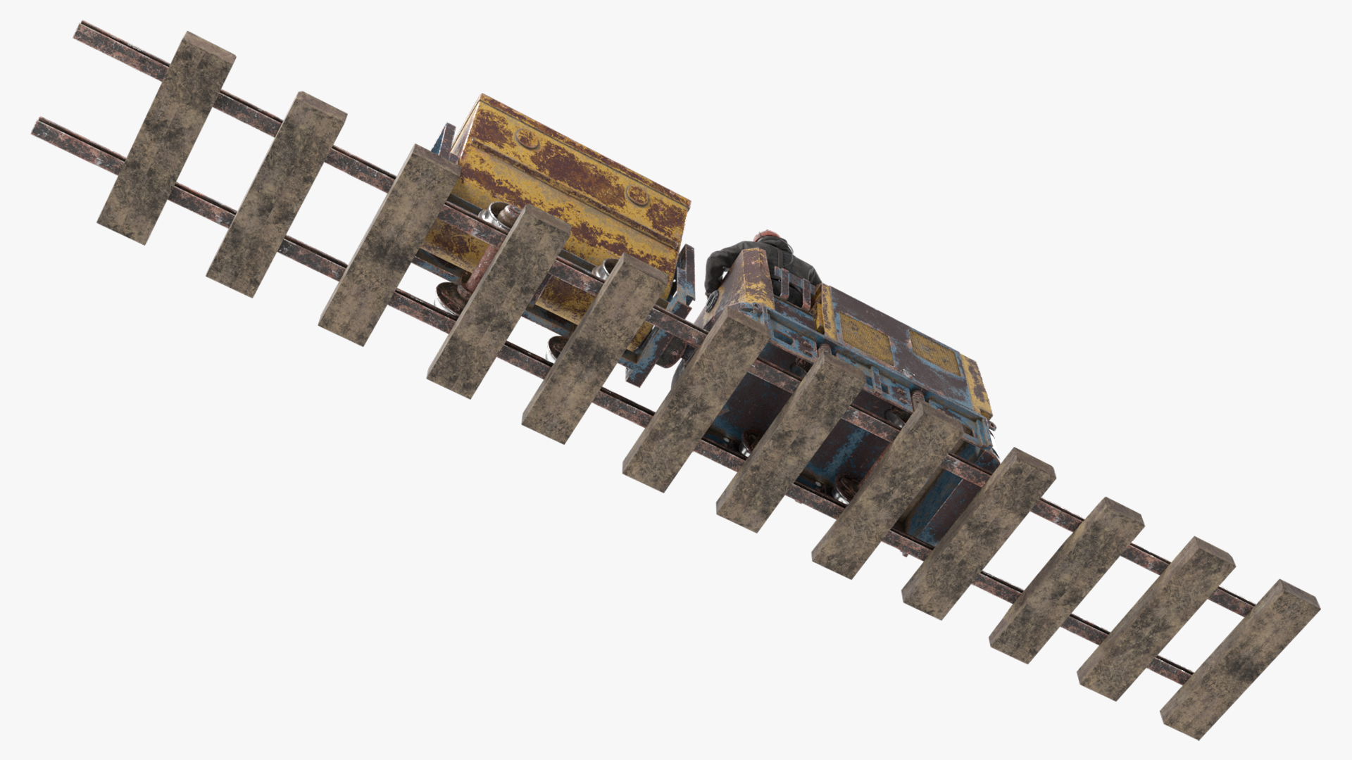 3D Old Mining Locomotive with Cart and Miner
