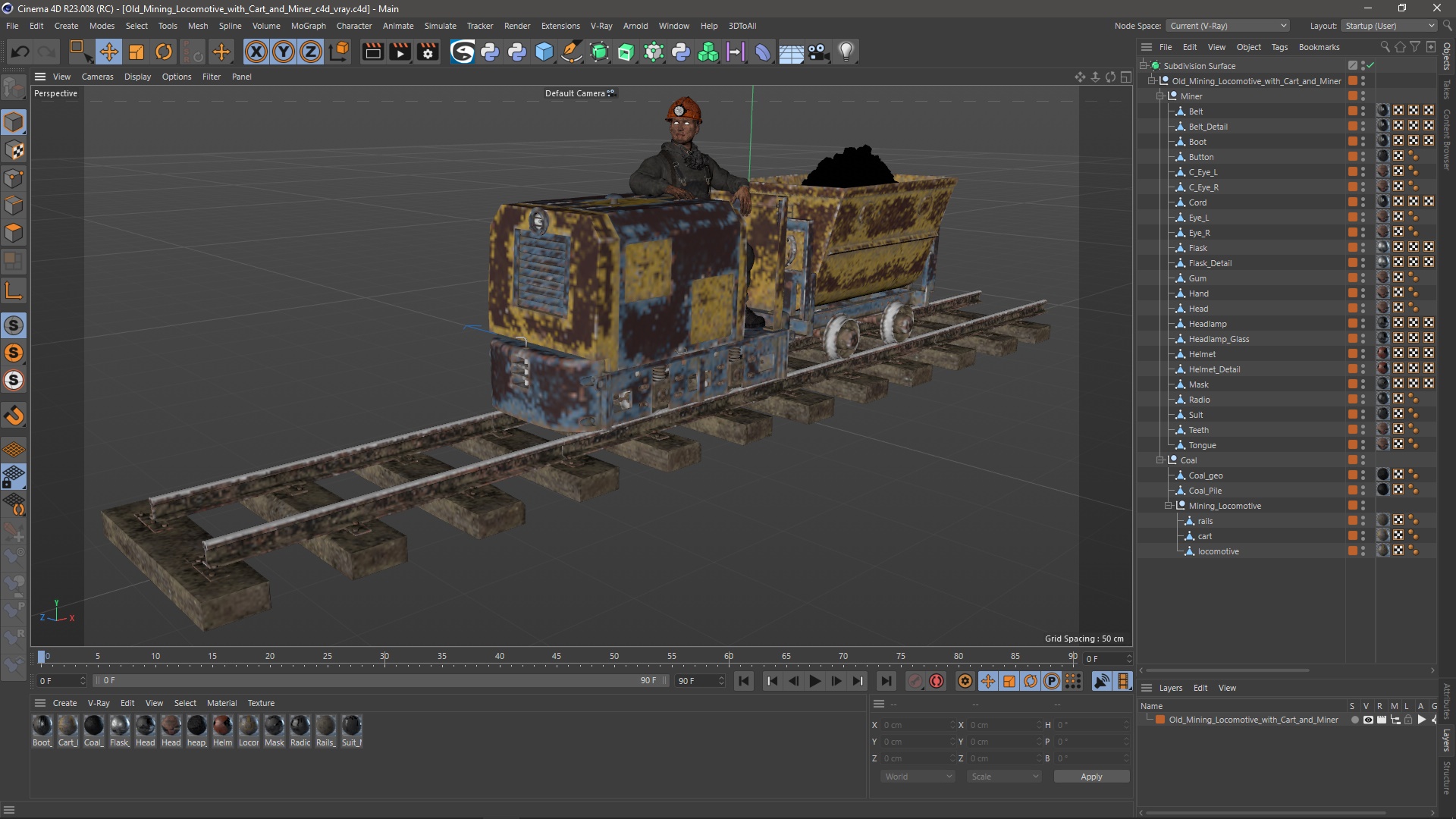 3D Old Mining Locomotive with Cart and Miner