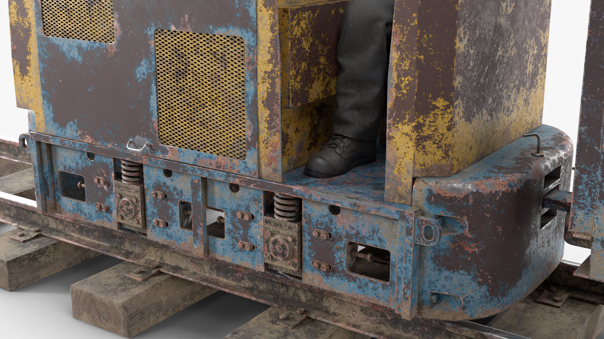 3D Old Mining Locomotive with Cart and Miner