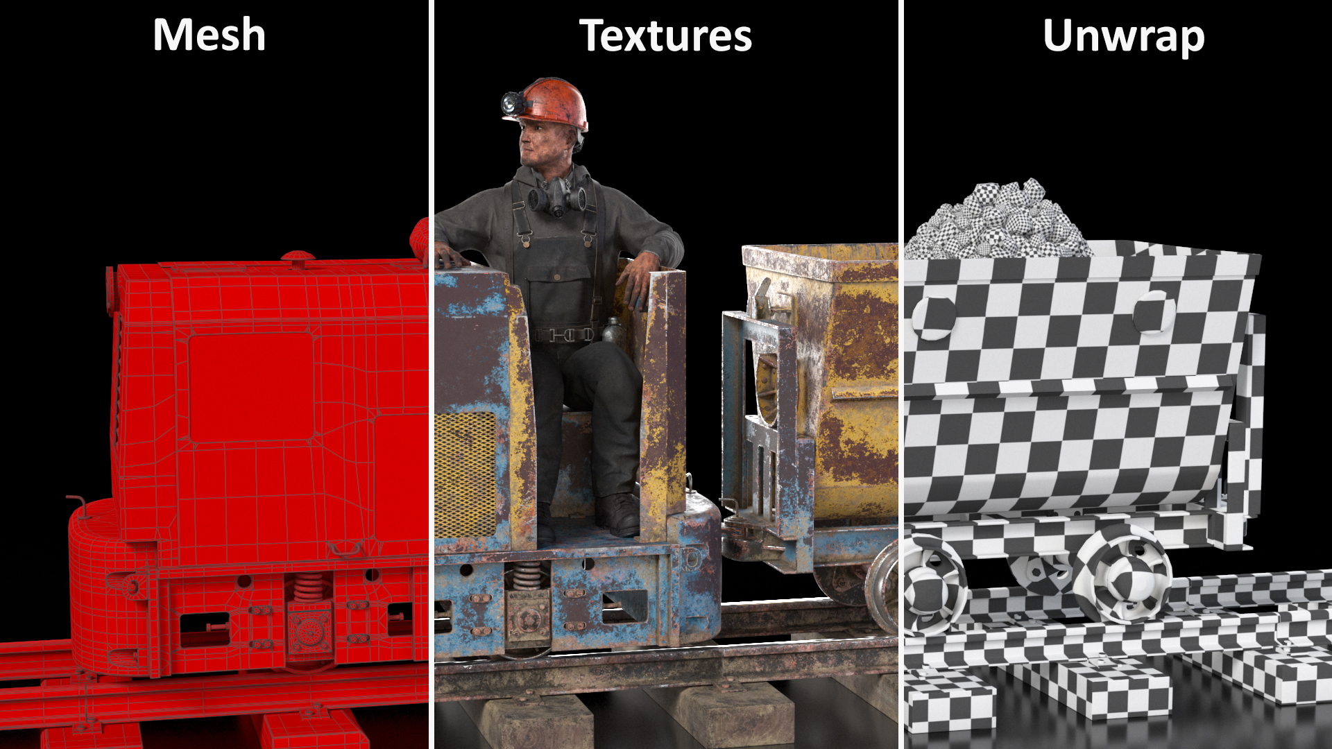 3D Old Mining Locomotive with Cart and Miner