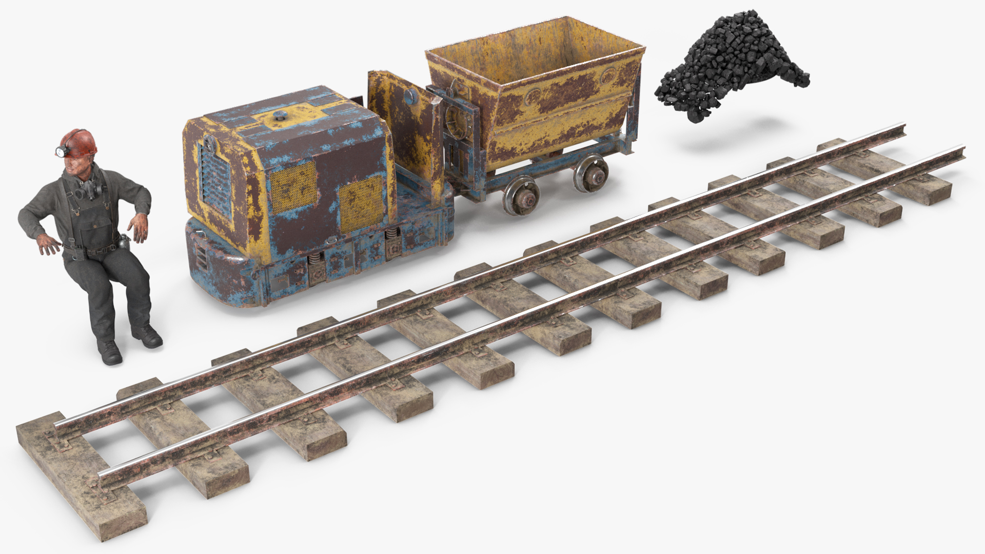 3D Old Mining Locomotive with Cart and Miner