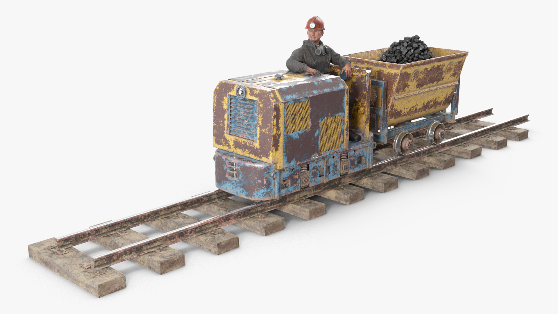 3D Old Mining Locomotive with Cart and Miner