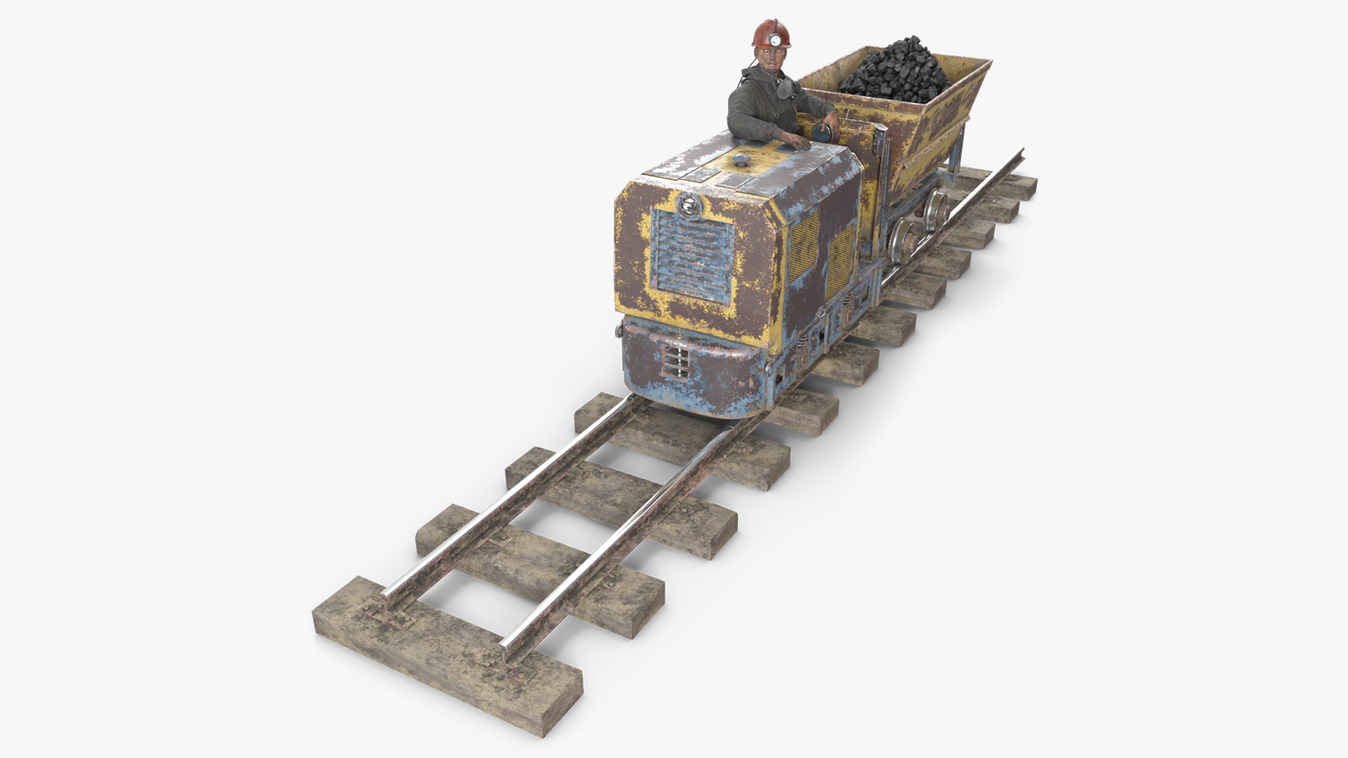 3D Old Mining Locomotive with Cart and Miner