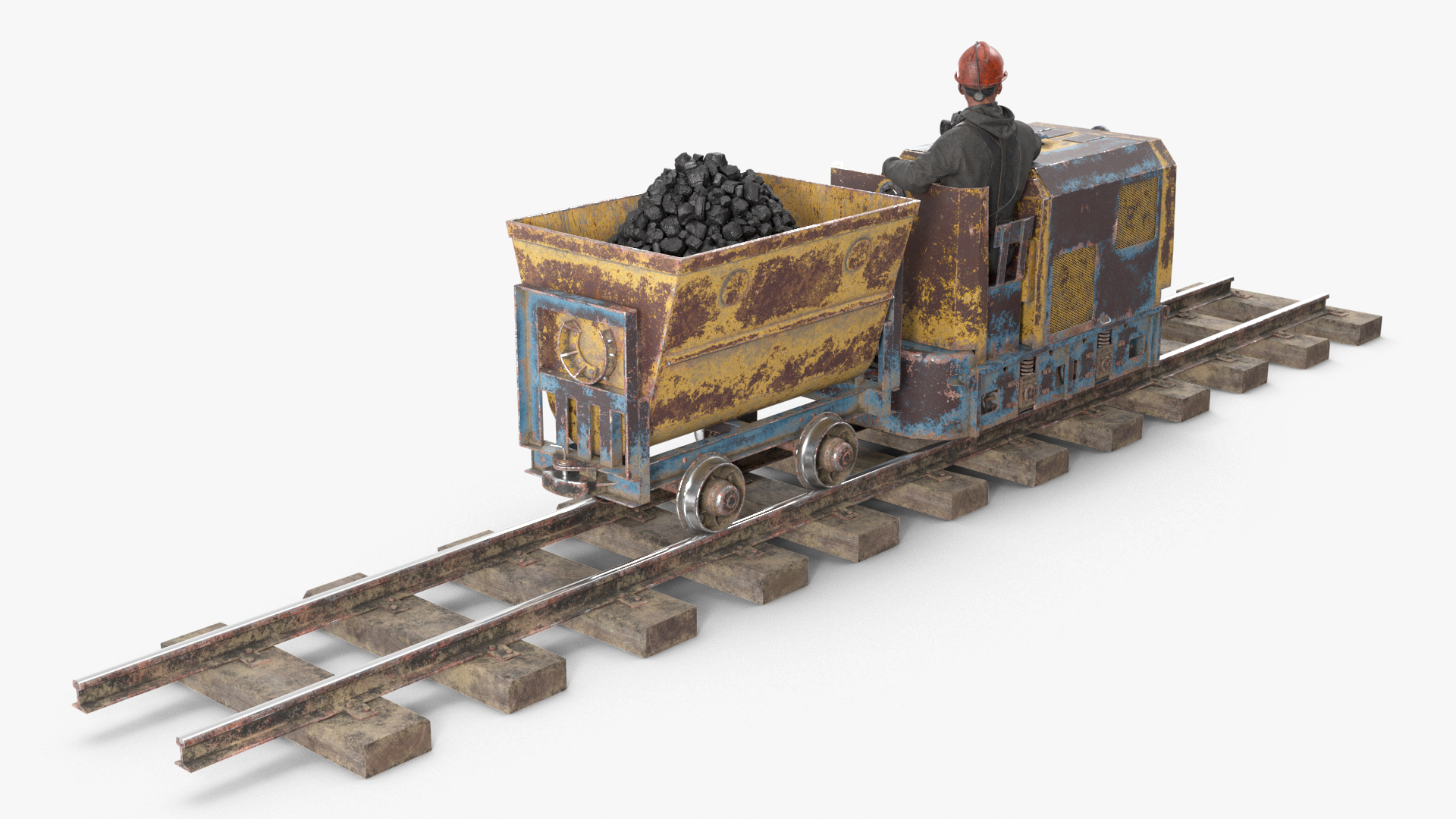 3D Old Mining Locomotive with Cart and Miner