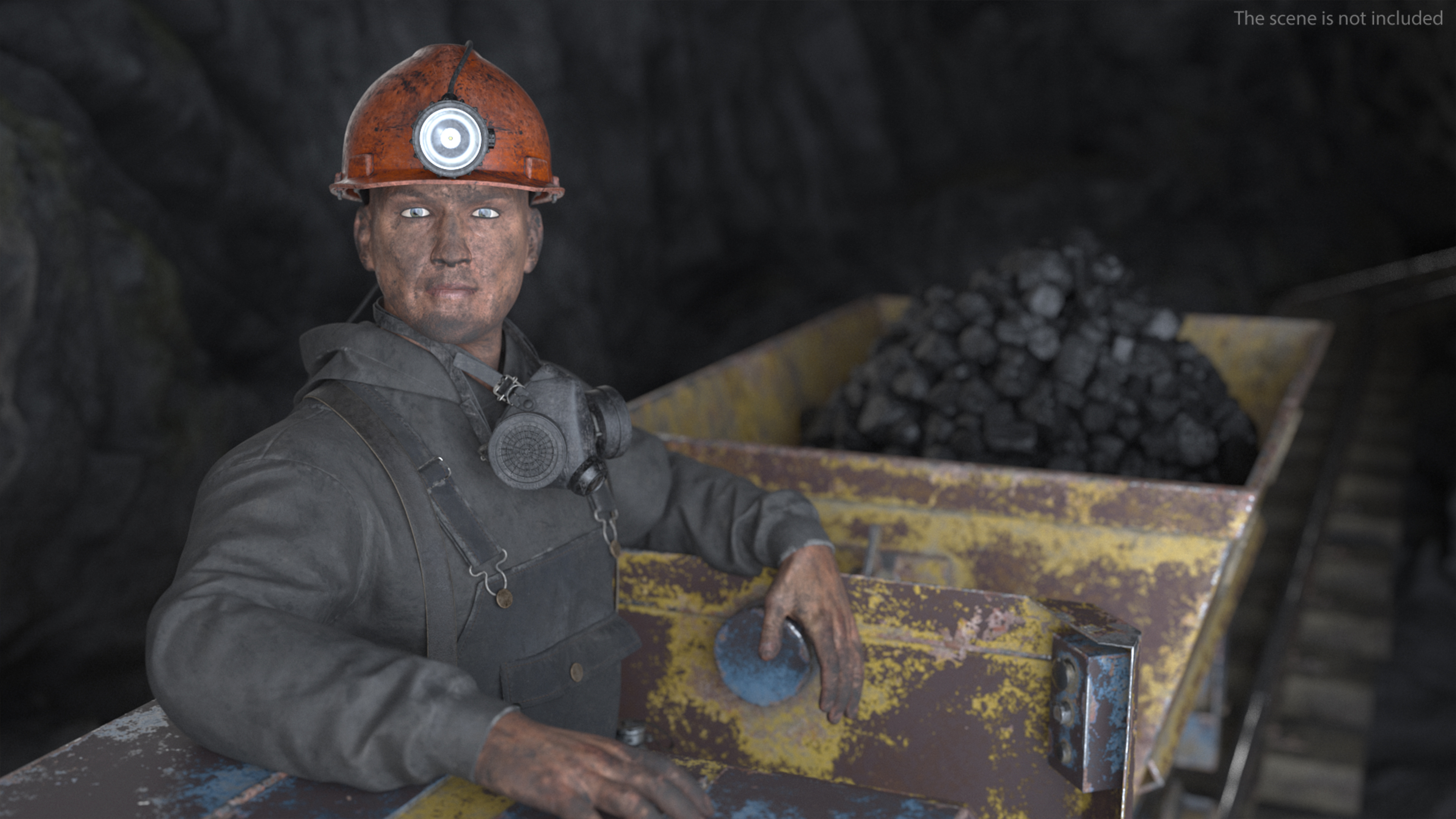 3D Old Mining Locomotive with Cart and Miner