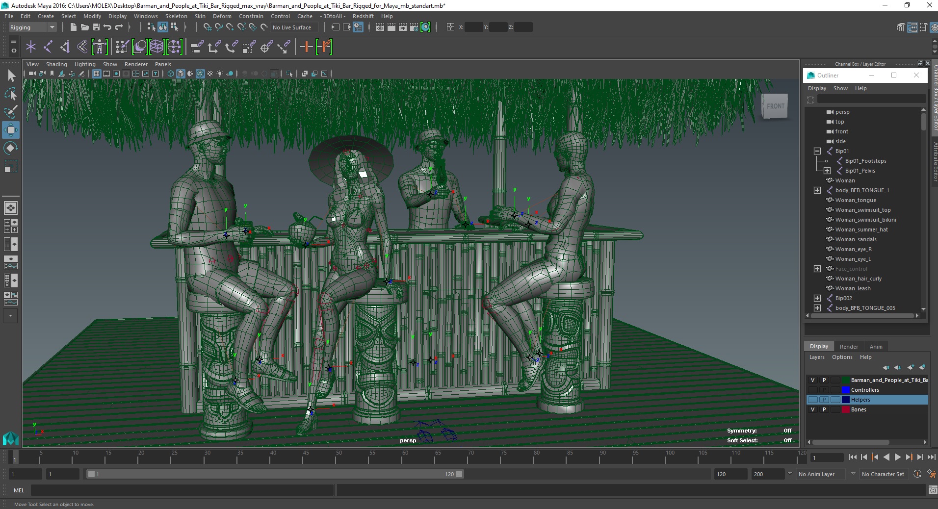 3D model Barman and People at Tiki Bar Rigged for Maya