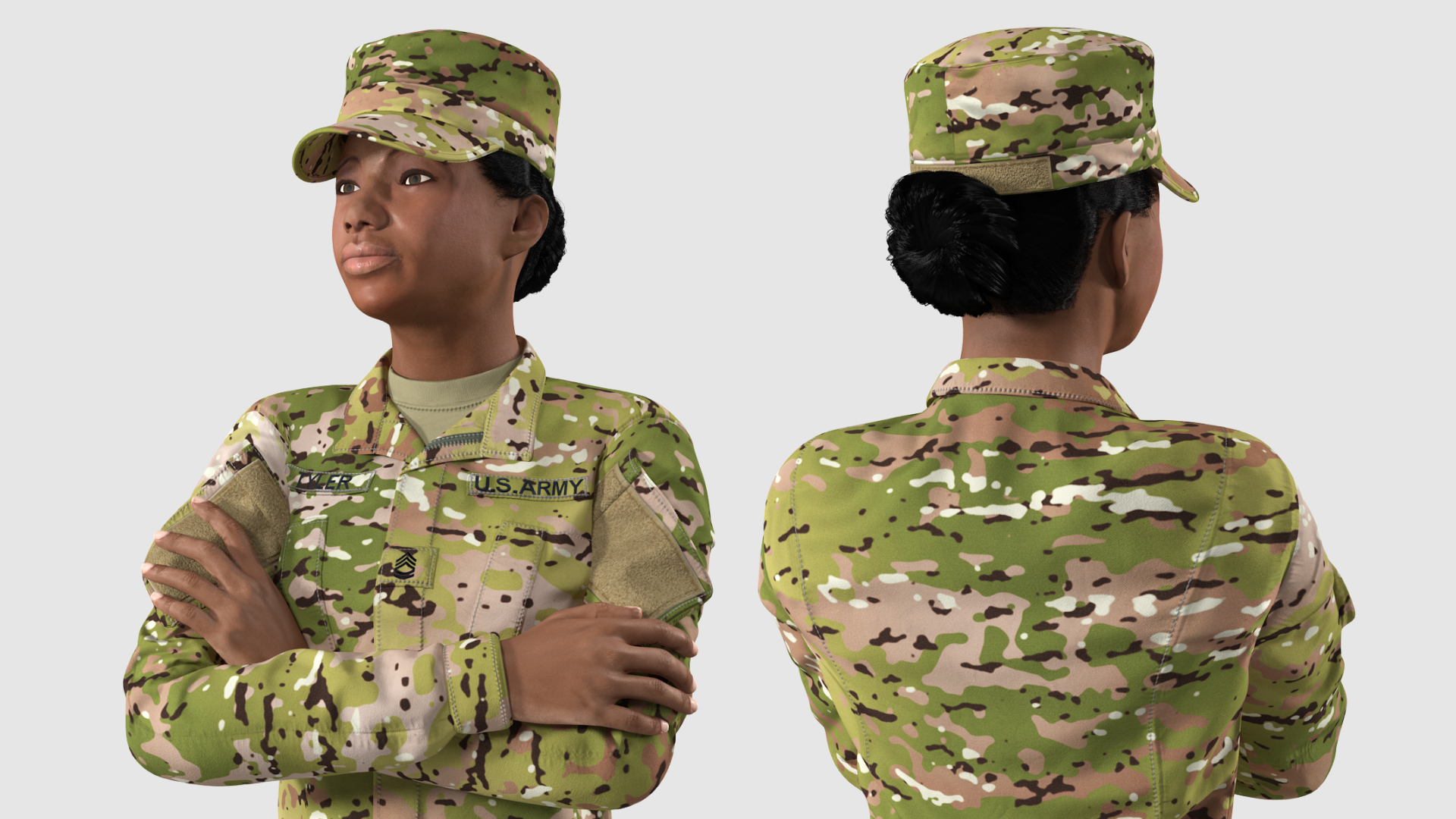 3D African American Female Soldier Camo Uniform Fur model