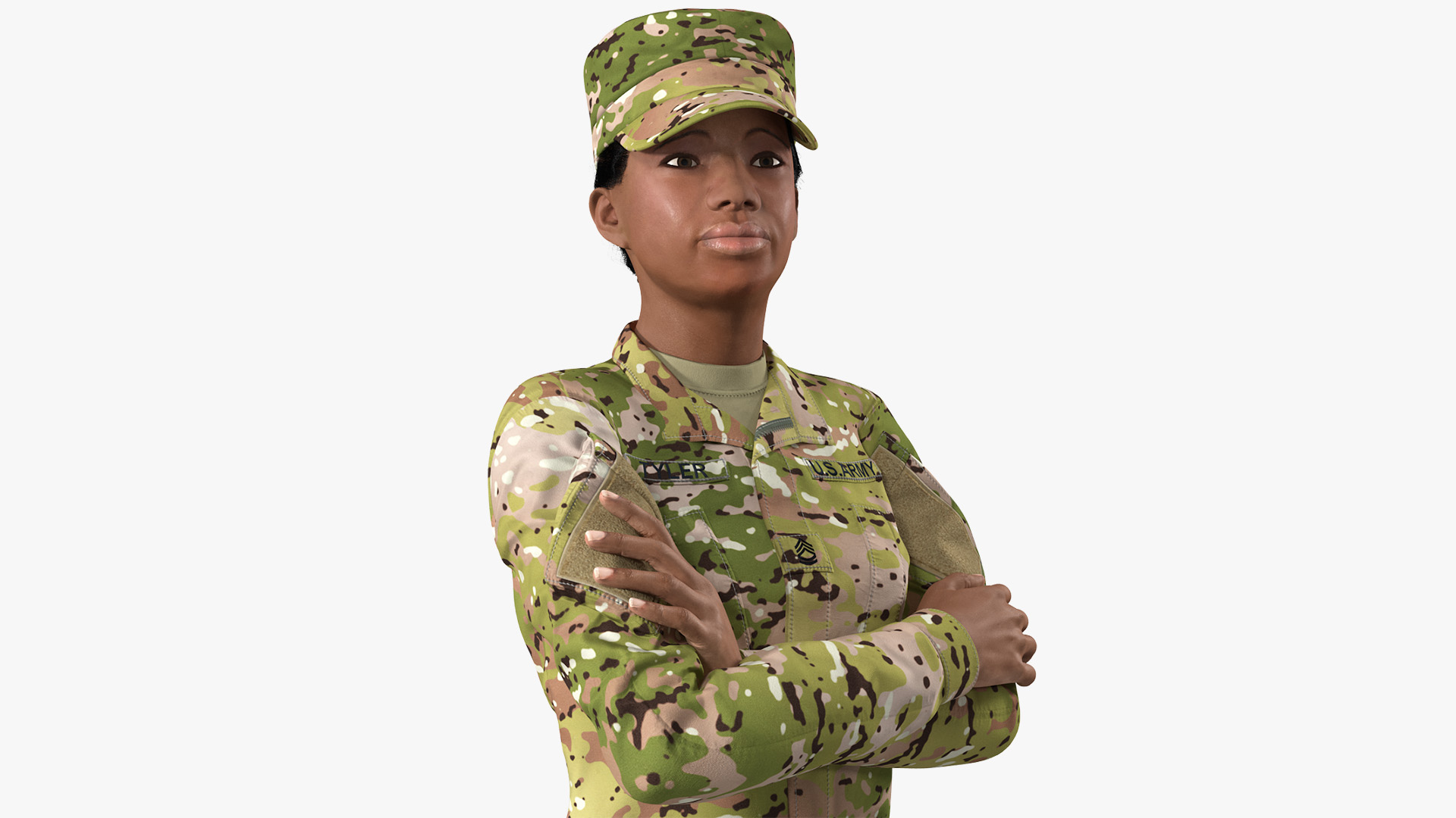 3D African American Female Soldier Camo Uniform Fur model