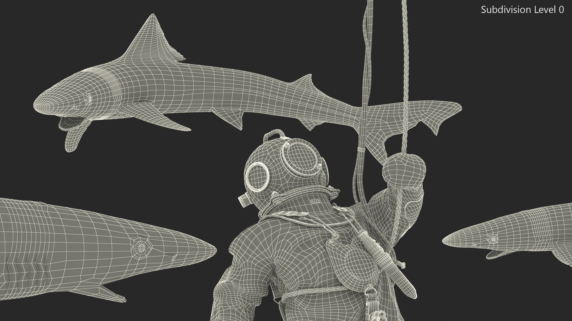 3D Retro Diving Gear Surrounded by Sharks model
