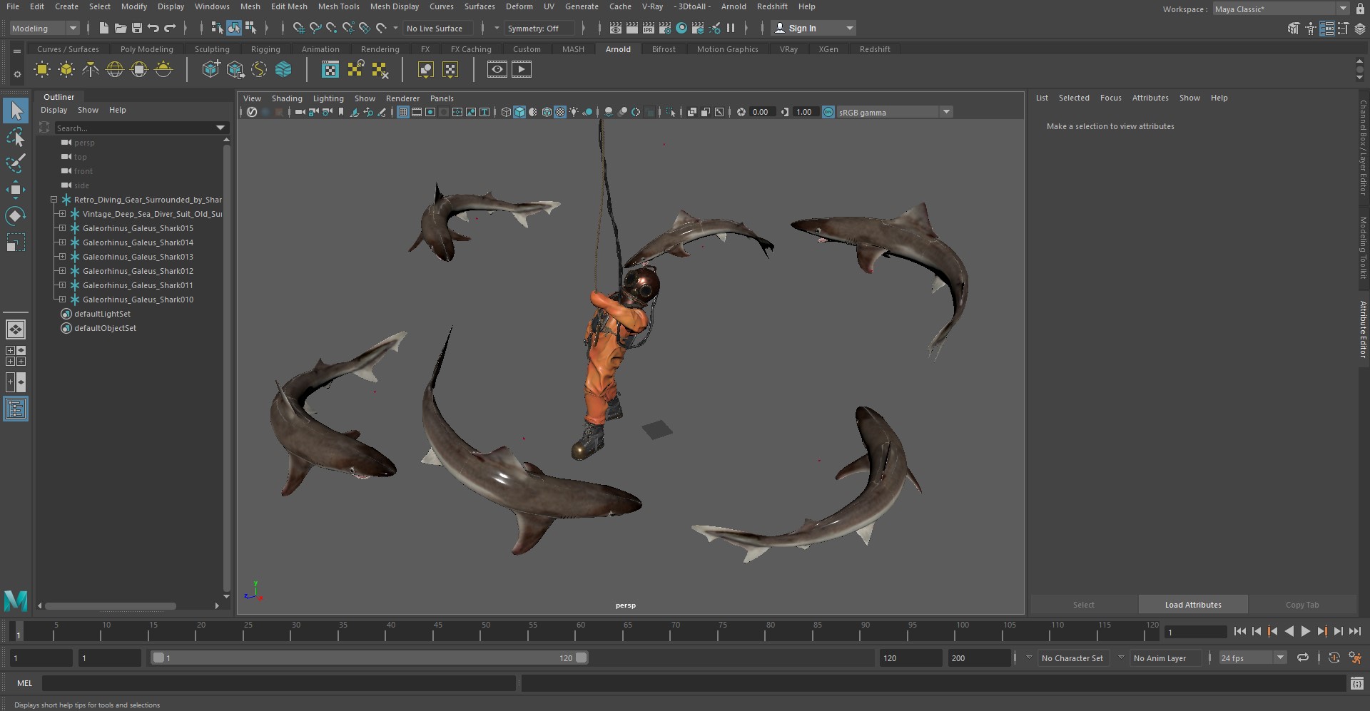 3D Retro Diving Gear Surrounded by Sharks model