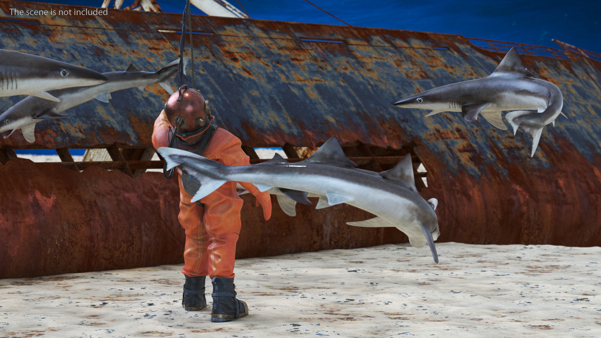 3D Retro Diving Gear Surrounded by Sharks model