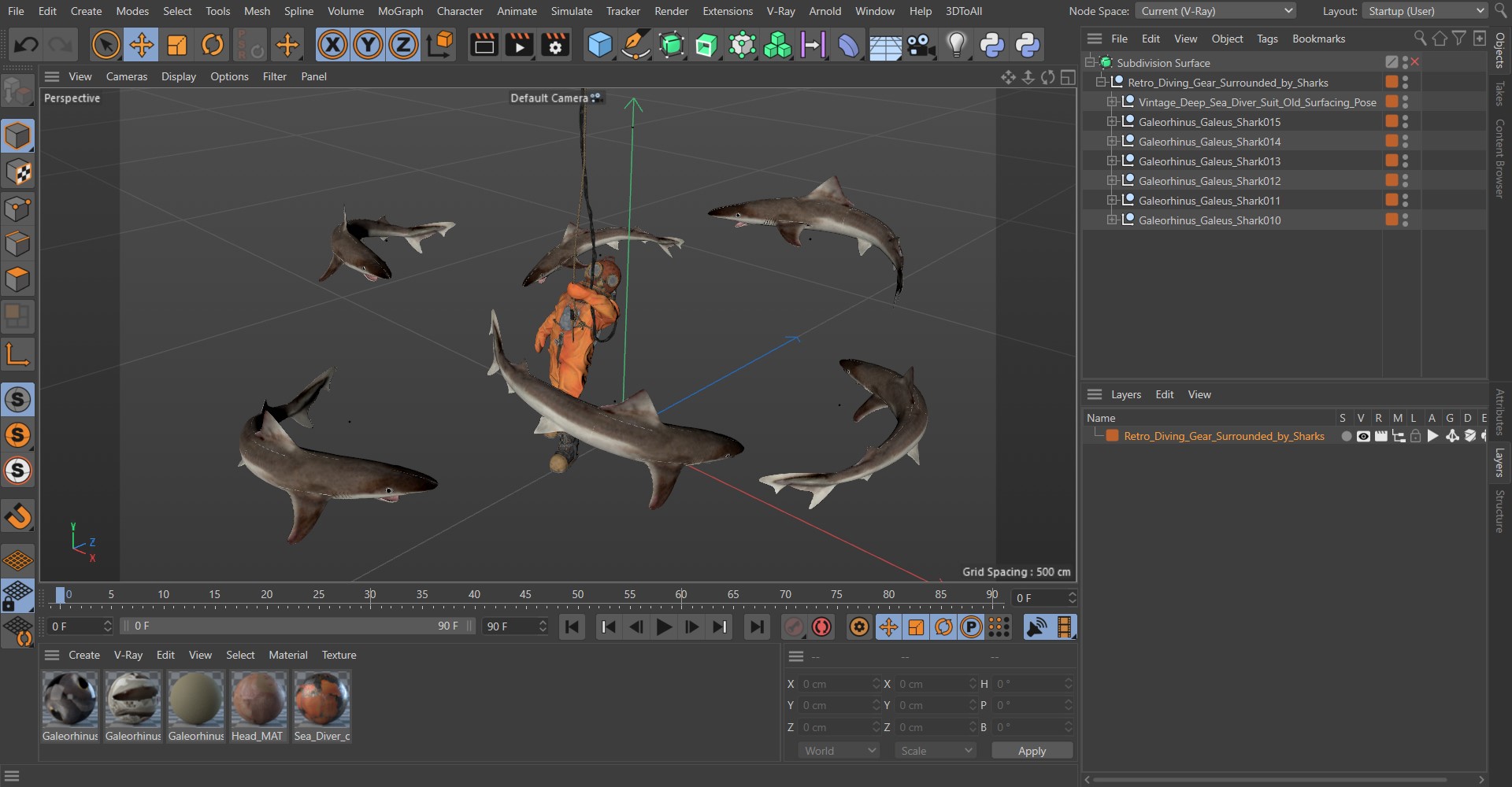 3D Retro Diving Gear Surrounded by Sharks model