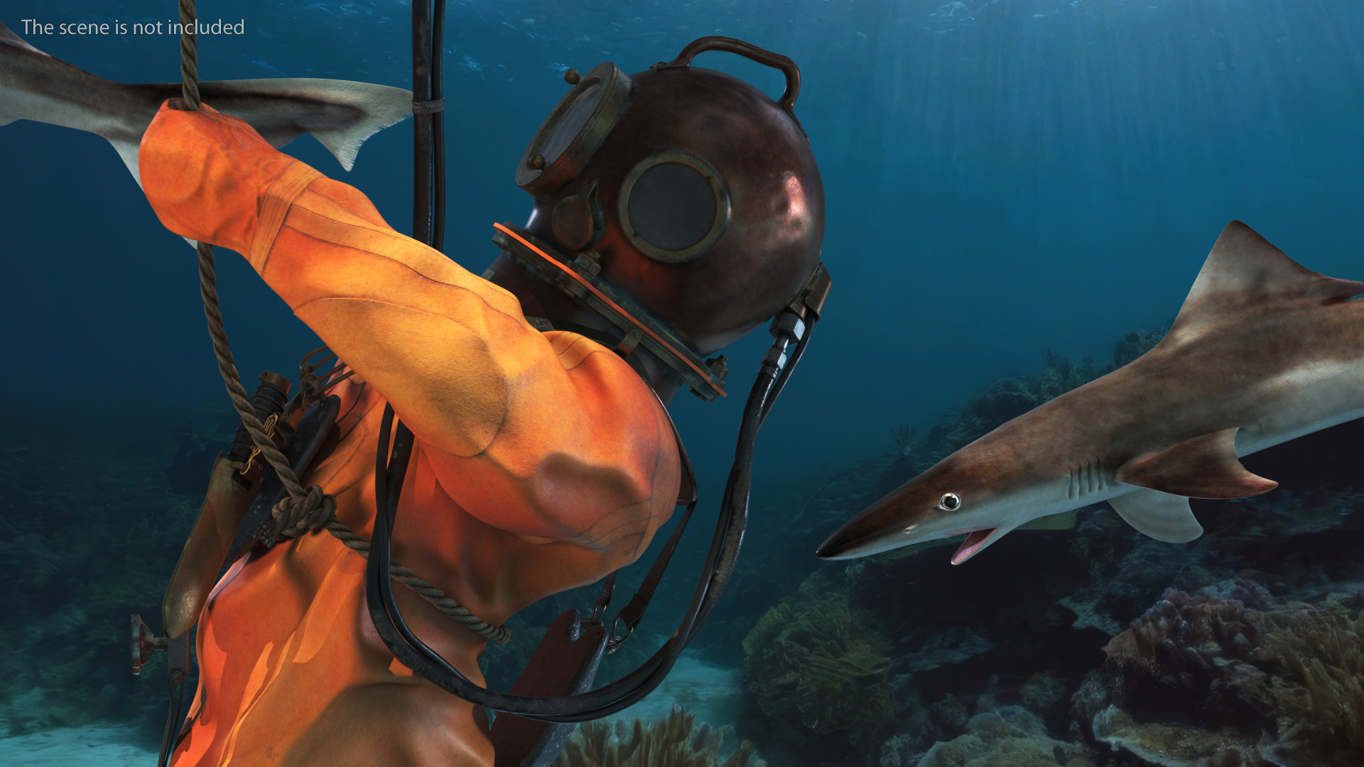 3D Retro Diving Gear Surrounded by Sharks model