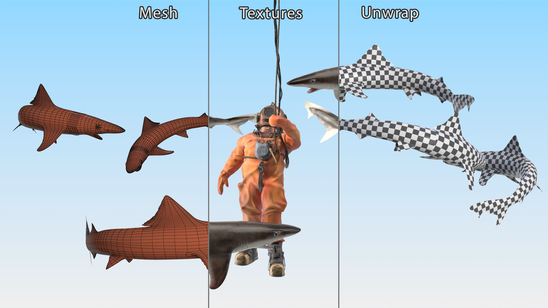 3D Retro Diving Gear Surrounded by Sharks model