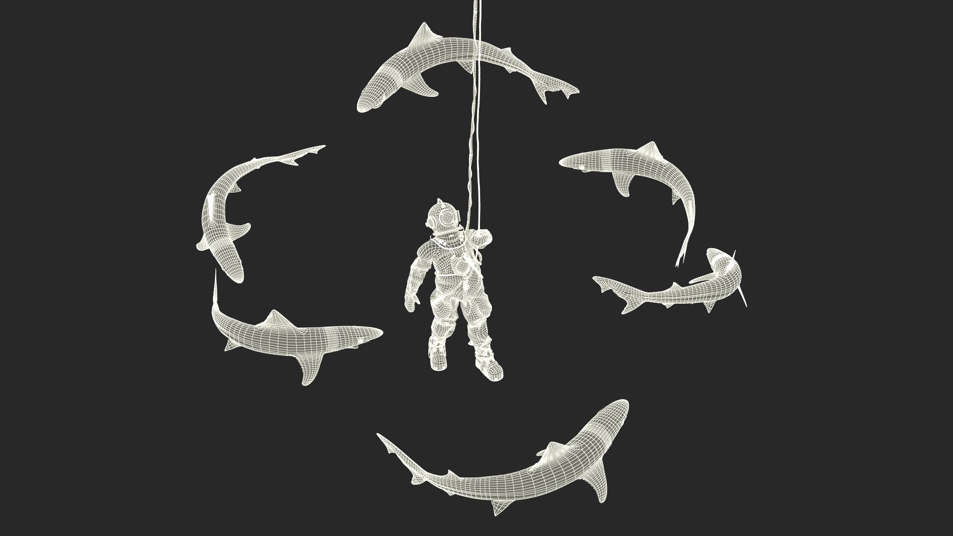 3D Retro Diving Gear Surrounded by Sharks model
