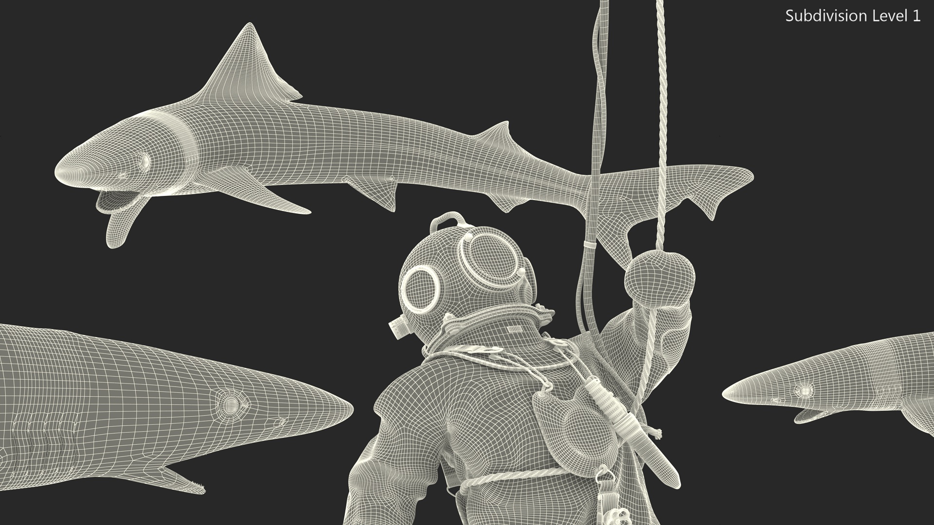3D Retro Diving Gear Surrounded by Sharks model