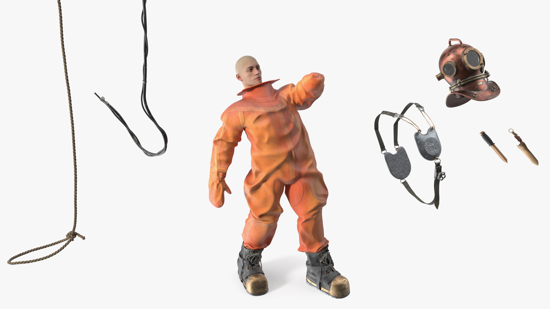 3D Retro Diving Gear Surrounded by Sharks model