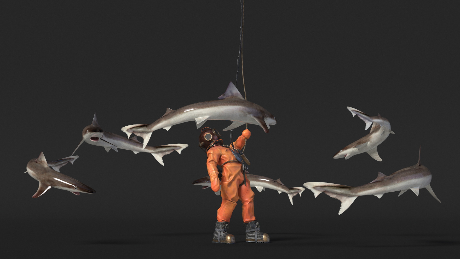 3D Retro Diving Gear Surrounded by Sharks model