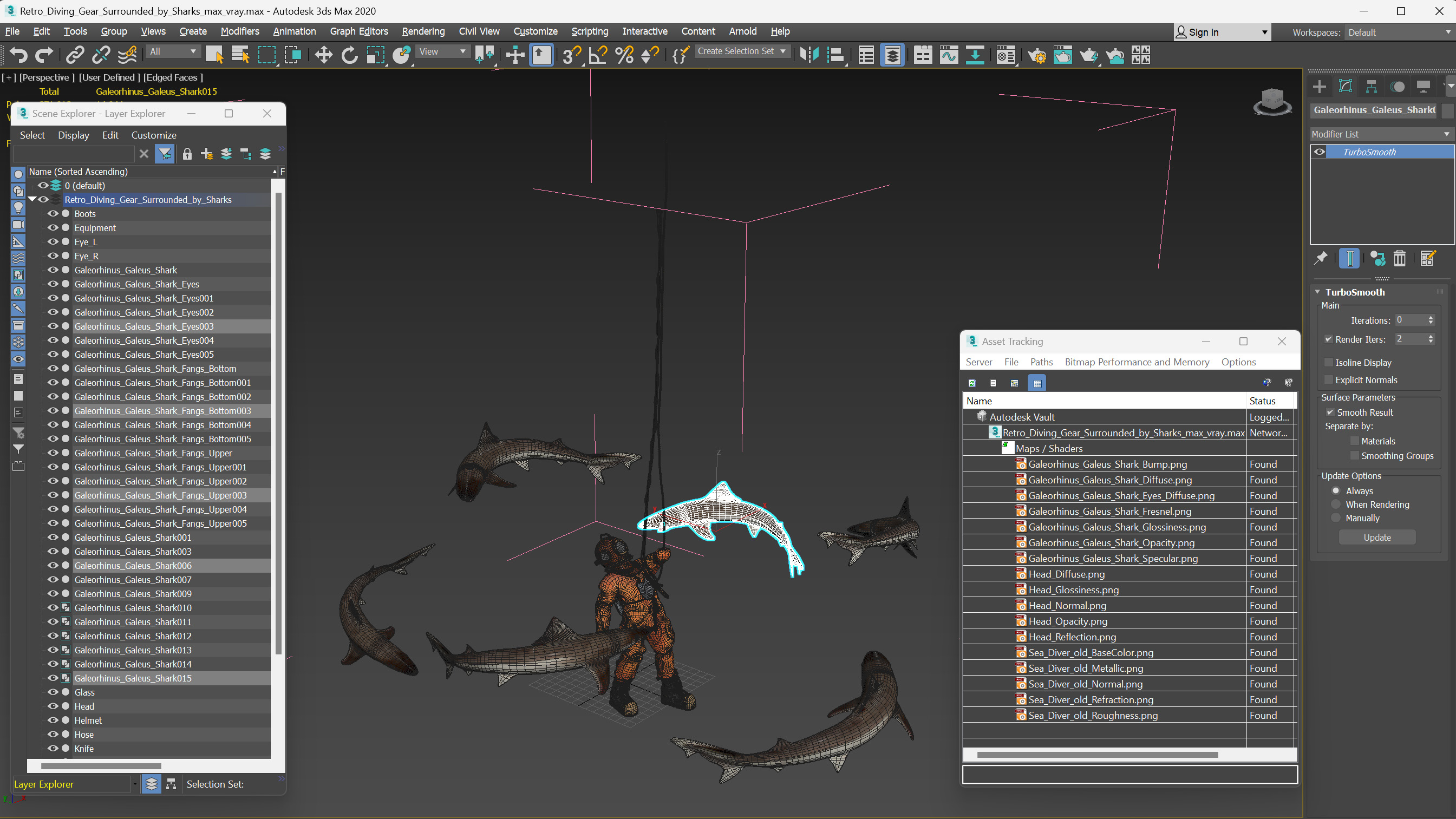 3D Retro Diving Gear Surrounded by Sharks model