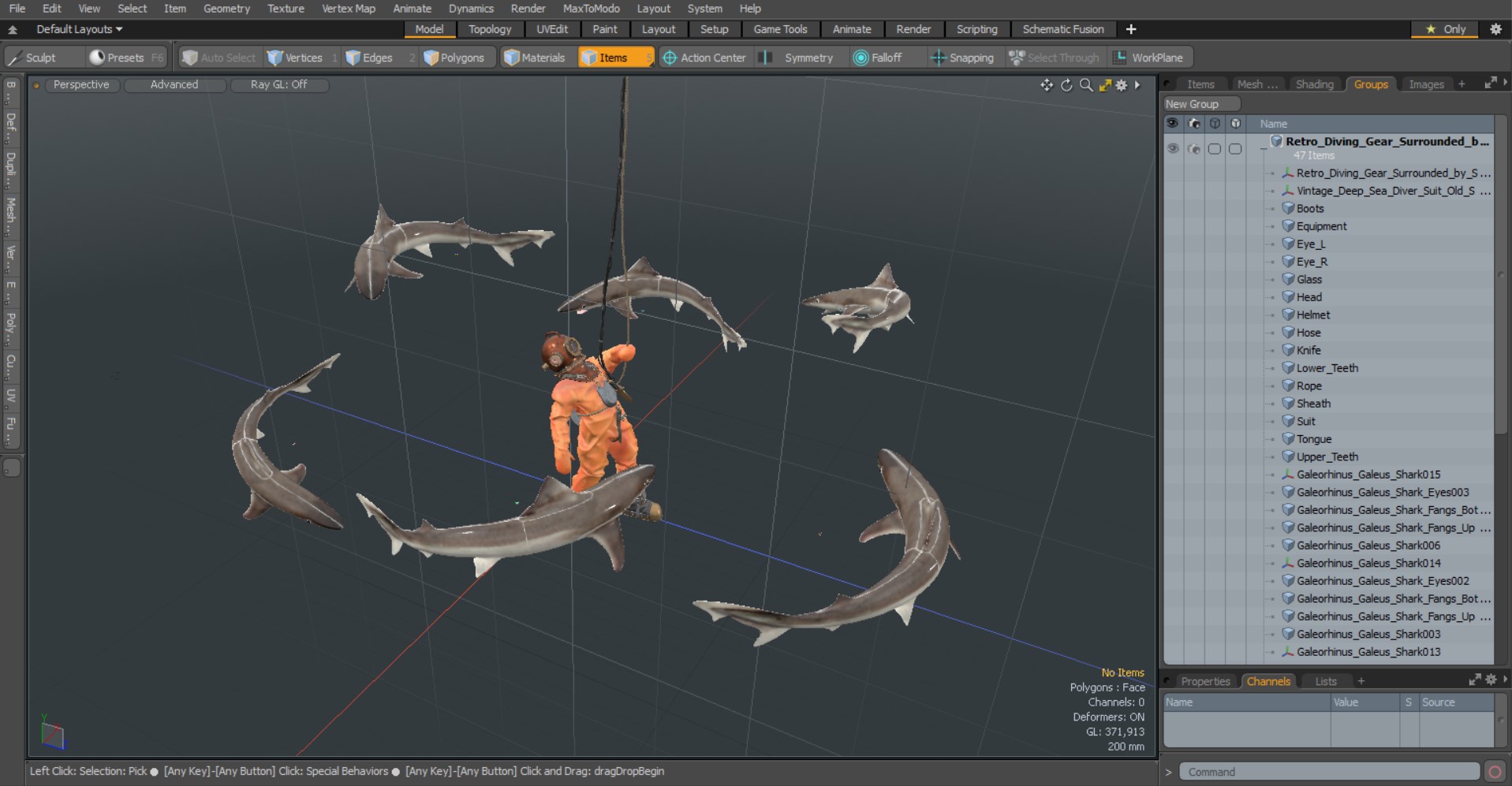 3D Retro Diving Gear Surrounded by Sharks model