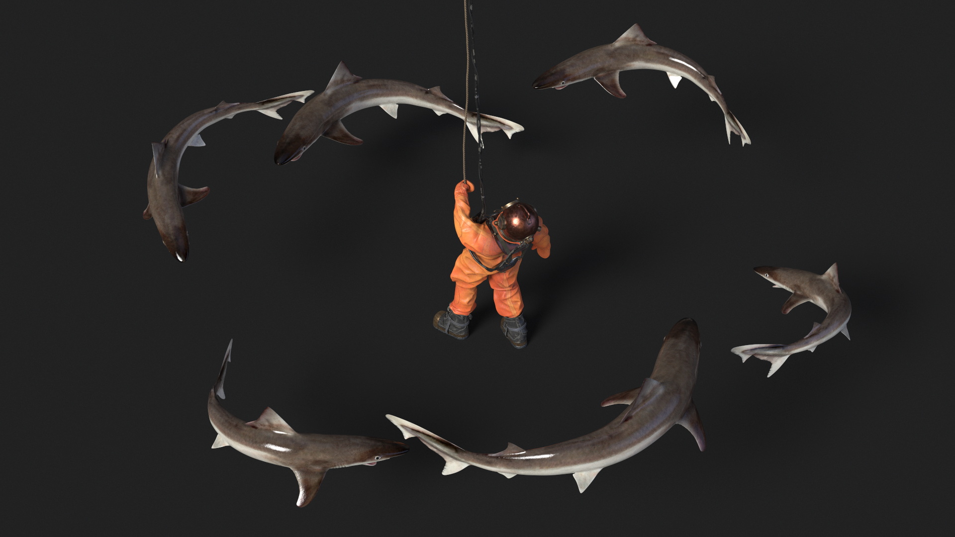 3D Retro Diving Gear Surrounded by Sharks model