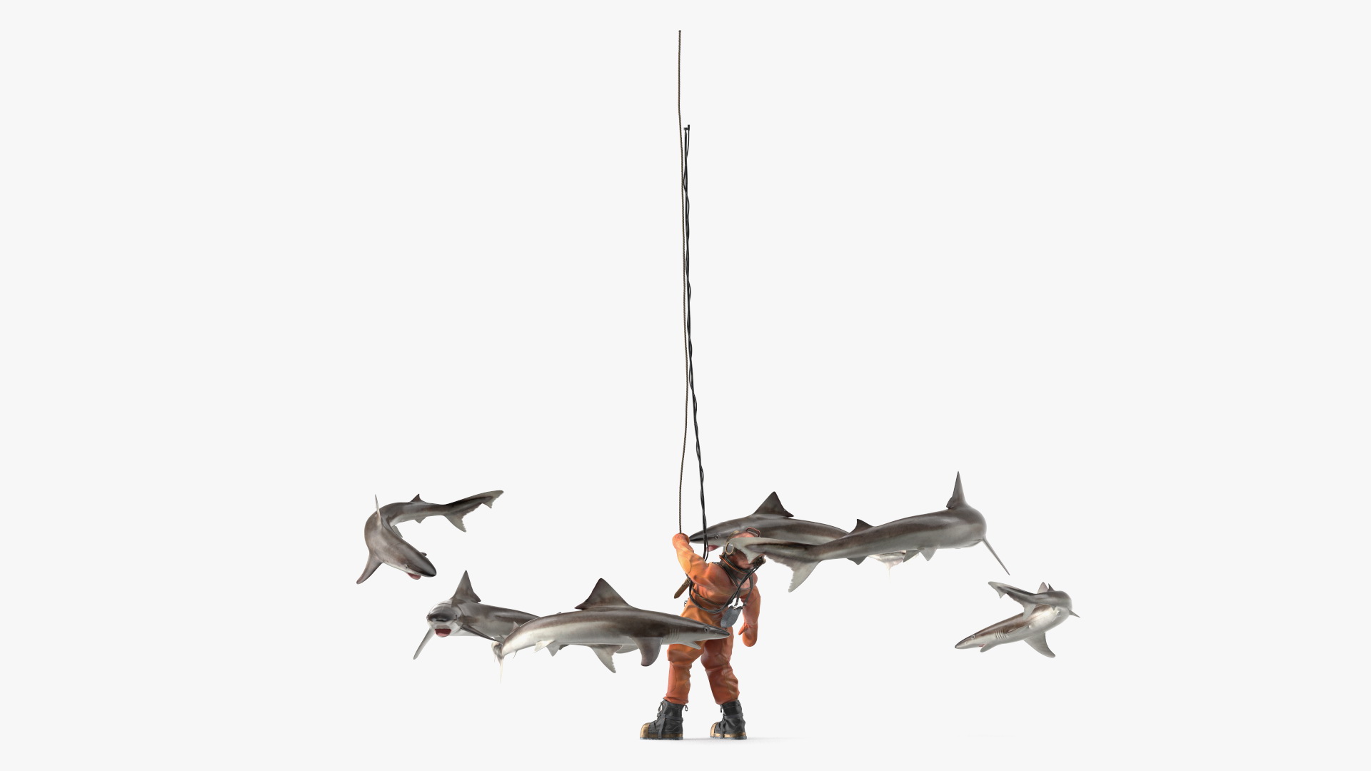 3D Retro Diving Gear Surrounded by Sharks model