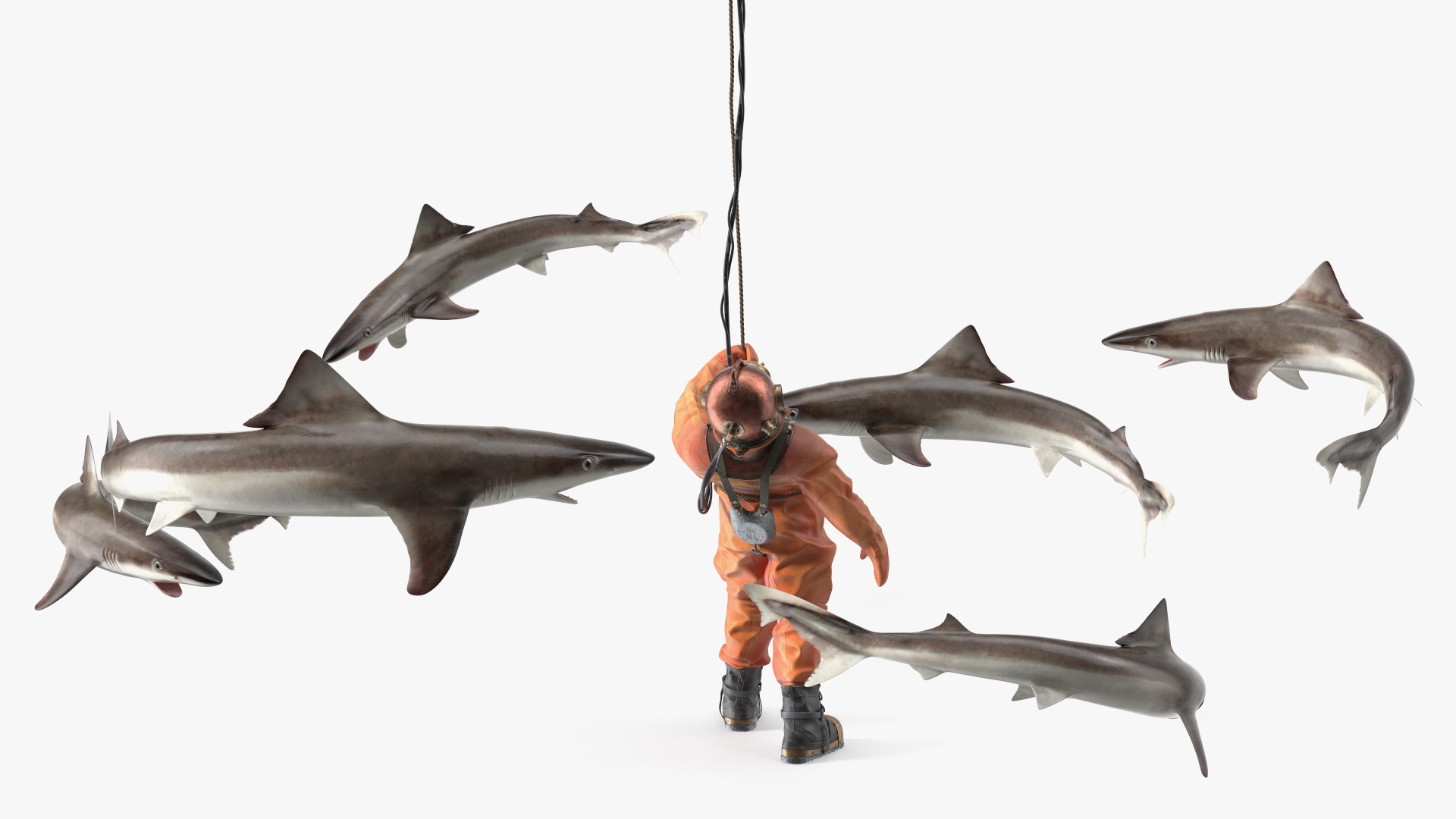 3D Retro Diving Gear Surrounded by Sharks model