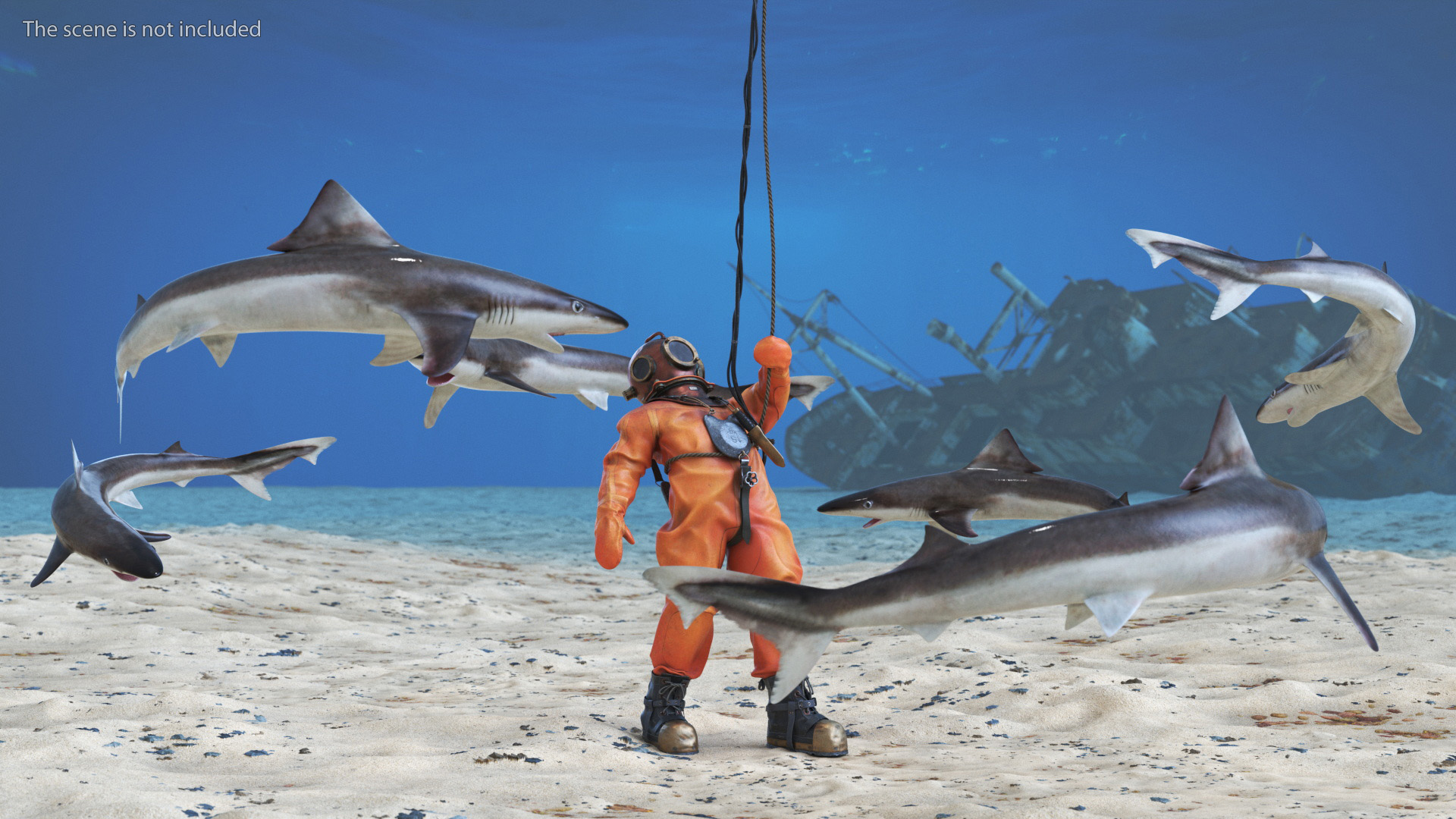 3D Retro Diving Gear Surrounded by Sharks model